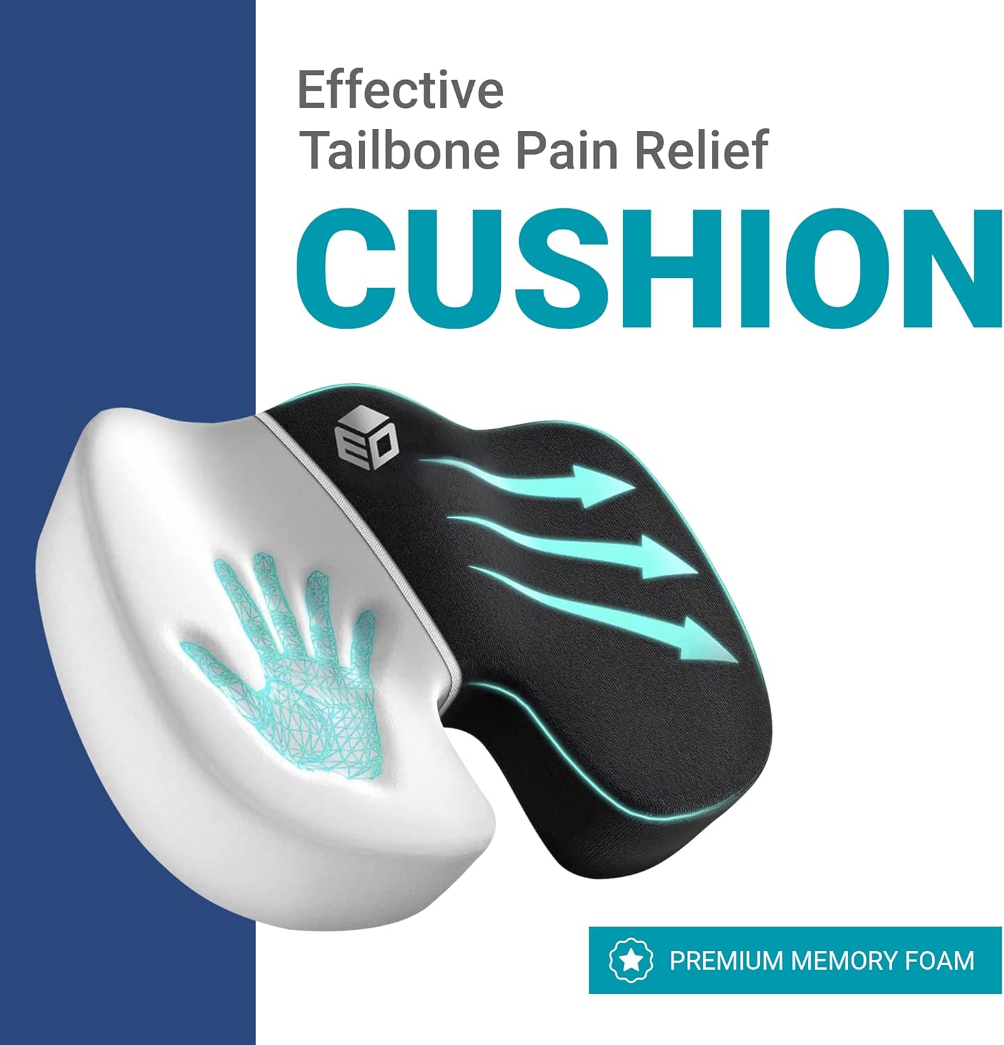 EpicDev Cojín de asiento de espuma cómoda para aliviar el dolor de coxis, espuma viscoelástica ergonómica antideslizante para apoyo sentado todo el