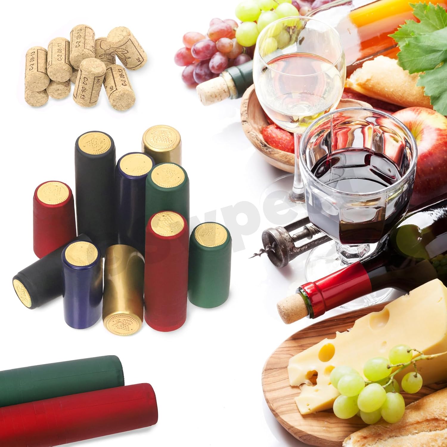 Swpeet 190 cápsulas termorretráctiles de PVC de 8 colores y botella de vino recta natural, tapón de corcho, surtido de tapones de corcho, envoltura