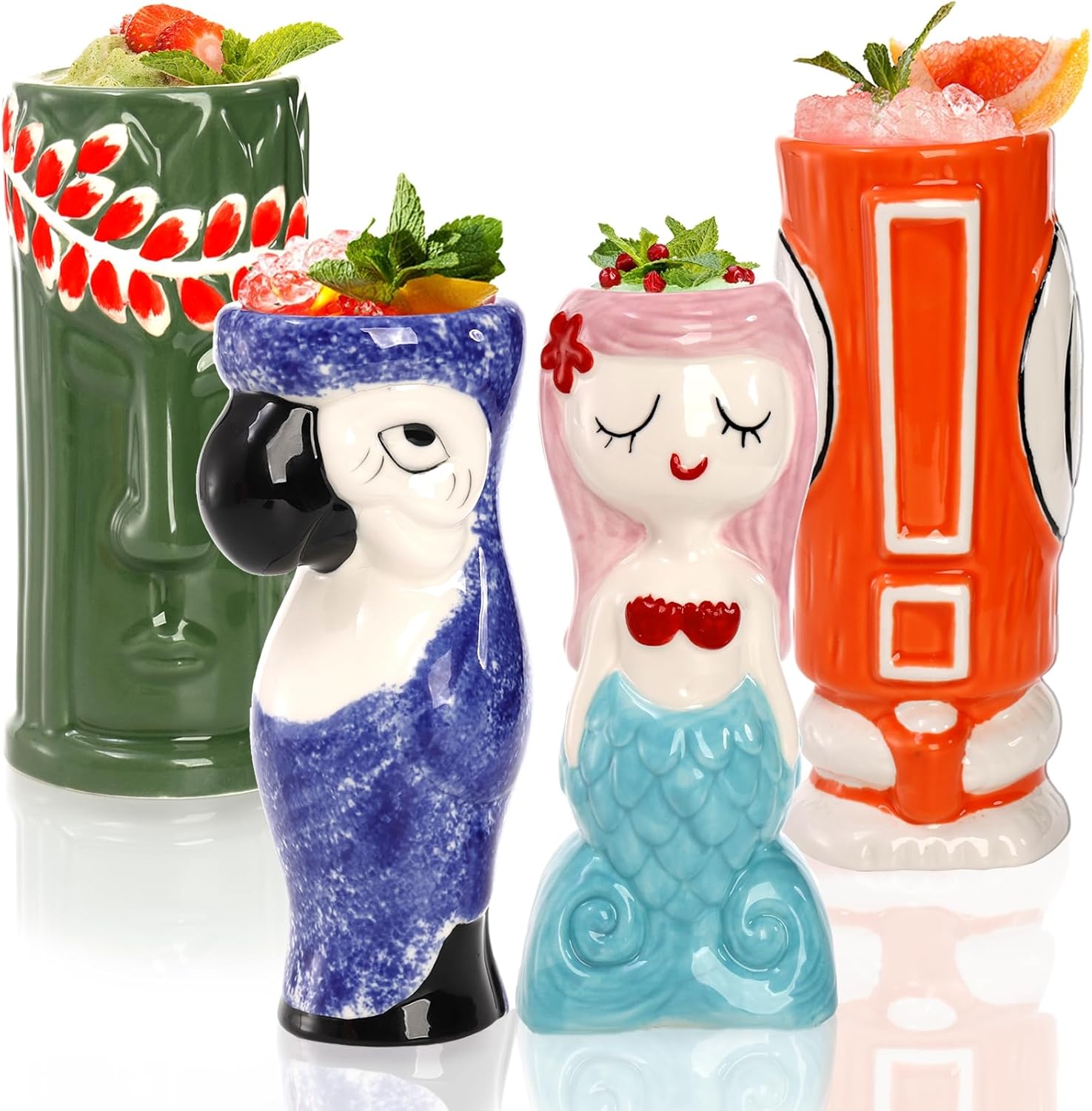 Peohud Paquete de 4 tazas Tiki de cerámica, vasos exóticos Tiki para cócteles, tazas de fiesta hawaianas, vasos tropicales Tiki para Mai Tai, piña