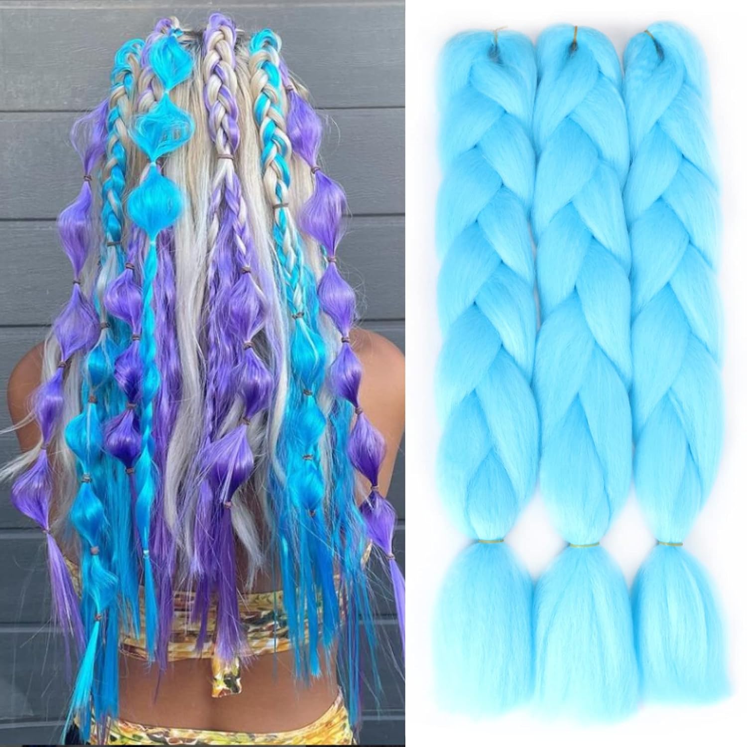 Extensiones de cabello trenzado jumbo color azul cielo Jumbo para trenzas de caja torcida, cabello de ganchillo de fibra sintética de alta