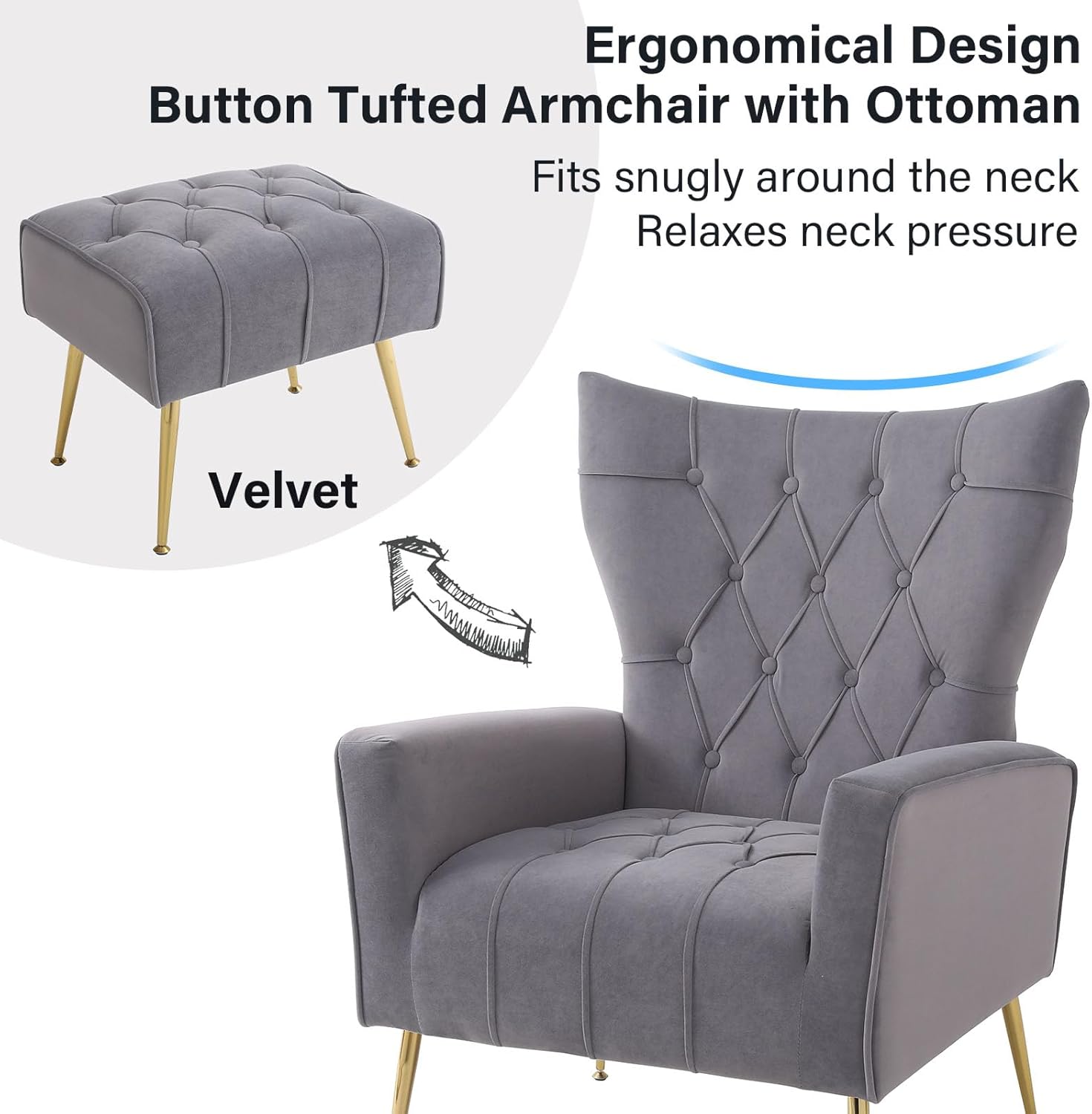 ODUWA Silla decorativa de terciopelo con otomana, sillas decorativas modernas con reposabrazos y respaldo, silla capitoné con botones, sillón