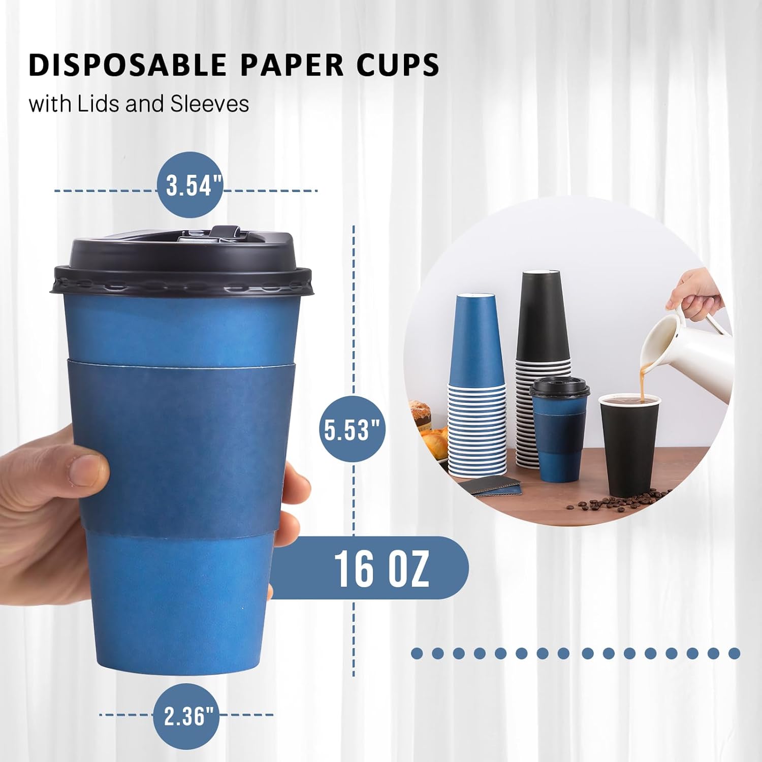 SIUQ Paquete de 100 tazas de café desechables de 16 onzas con tapas y mangas, vasos de papel para bebidas calientes y frías, café, agua, chocolate