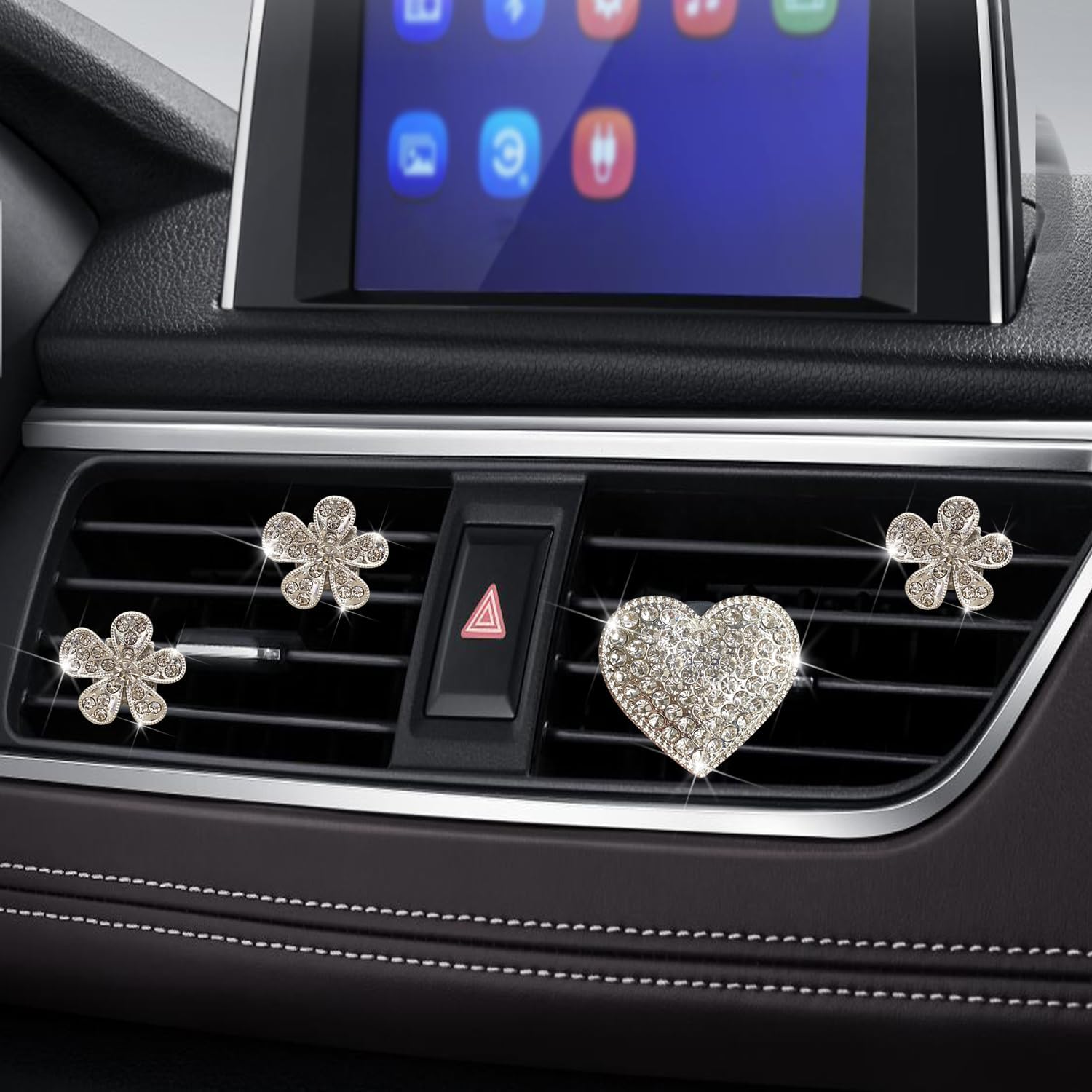 3 clips de ventilación, clips de ventilación brillantes en forma de corazón, difusor de automóvil, decoración interior de automóvil de diamante,