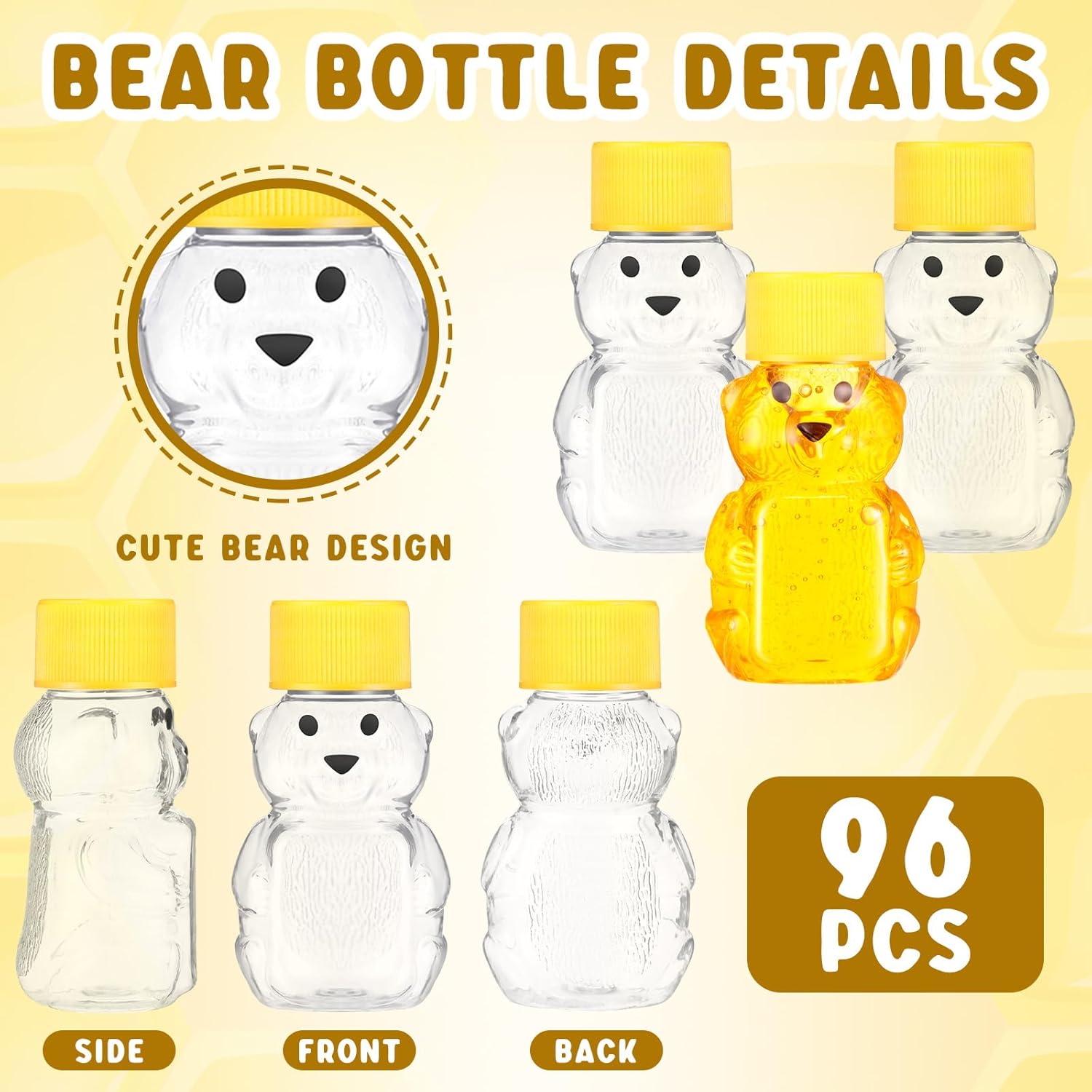 Patelai 96 botellas de plástico de 2 onzas con forma de oso de miel transparente con forma de oso, dispensador de miel vacío con tapa, tarros de