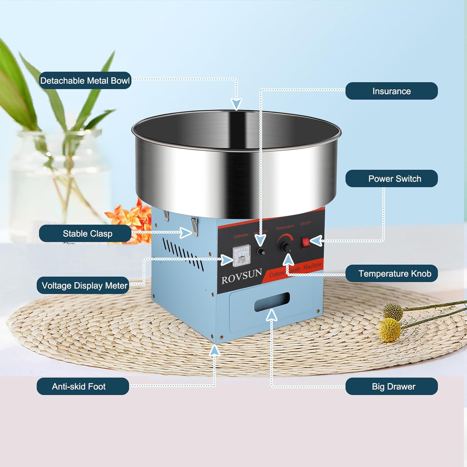 ROVSUN Máquina comercial de algodón de azúcar, 21 pulgadas, máquina eléctrica de algodón de azúcar con cuenco de acero inoxidable, cuchara de azúcar