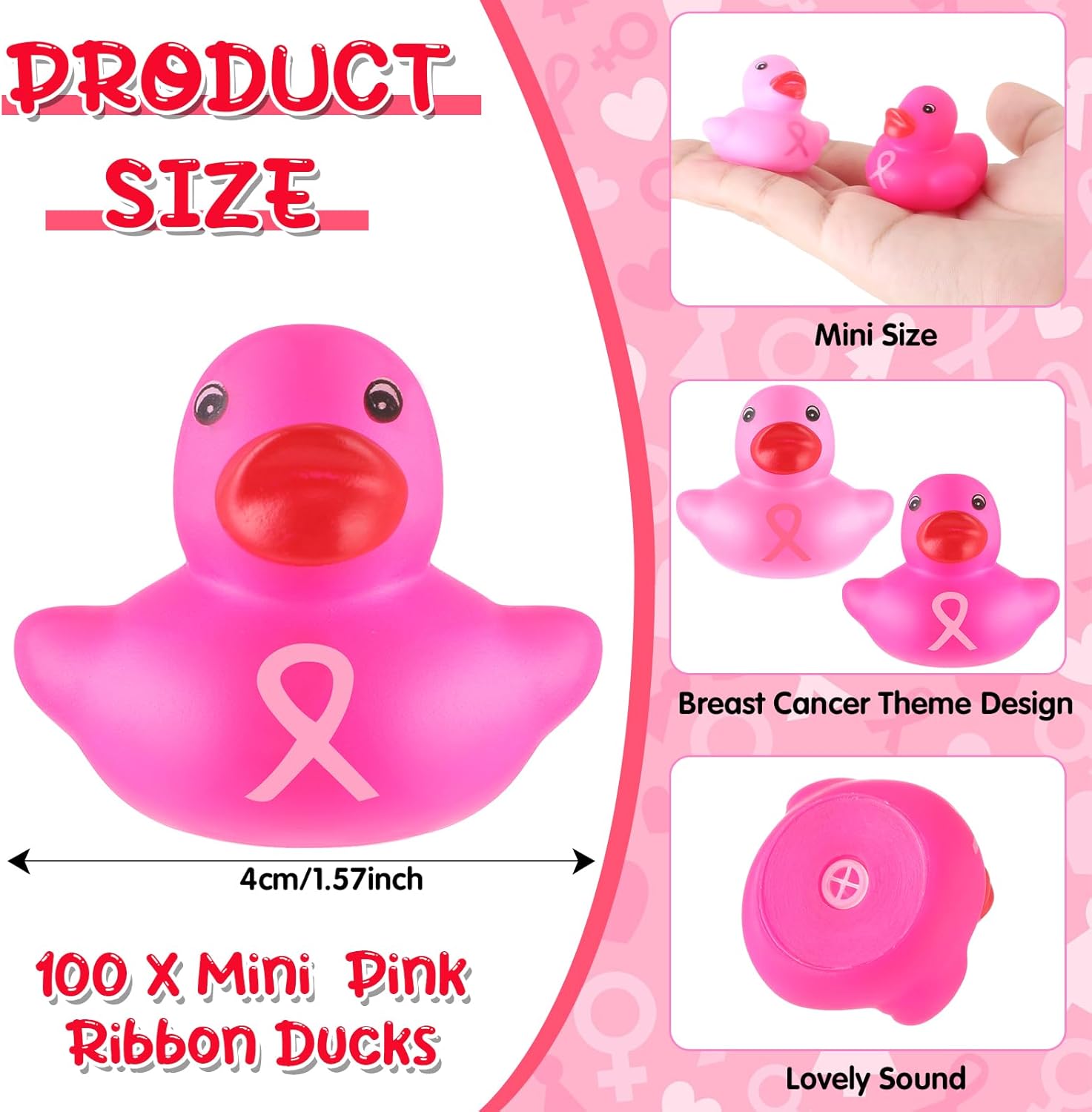 Deekin 100 patos de goma a granel con cinta rosa, patos de baño, concienciación sobre el cáncer de mama, mini patos de 1.57 pulgadas, flotador de