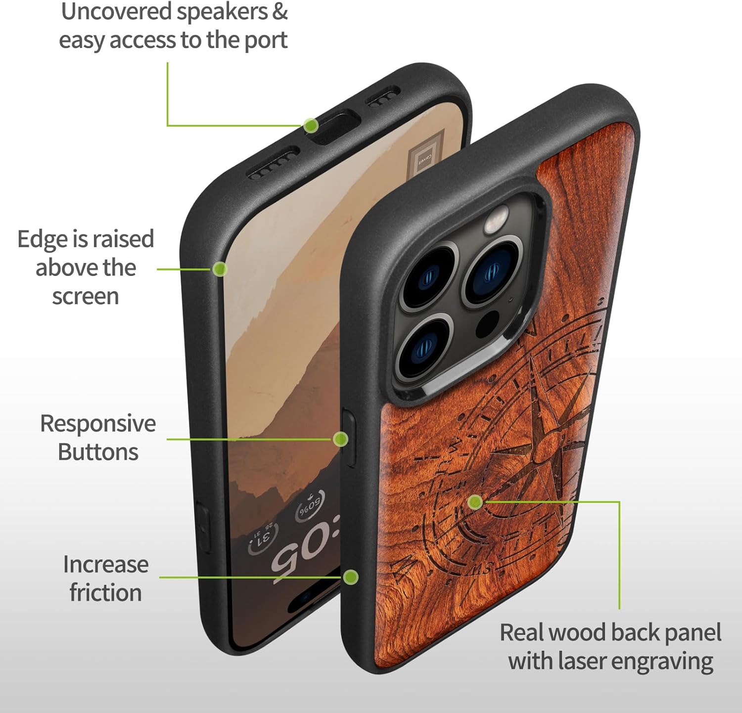Carveit Funda magnética de madera para iPhone 15 Pro Max madera maciza y TPU suave negro a prueba de golpes, funda de madera única compatible con