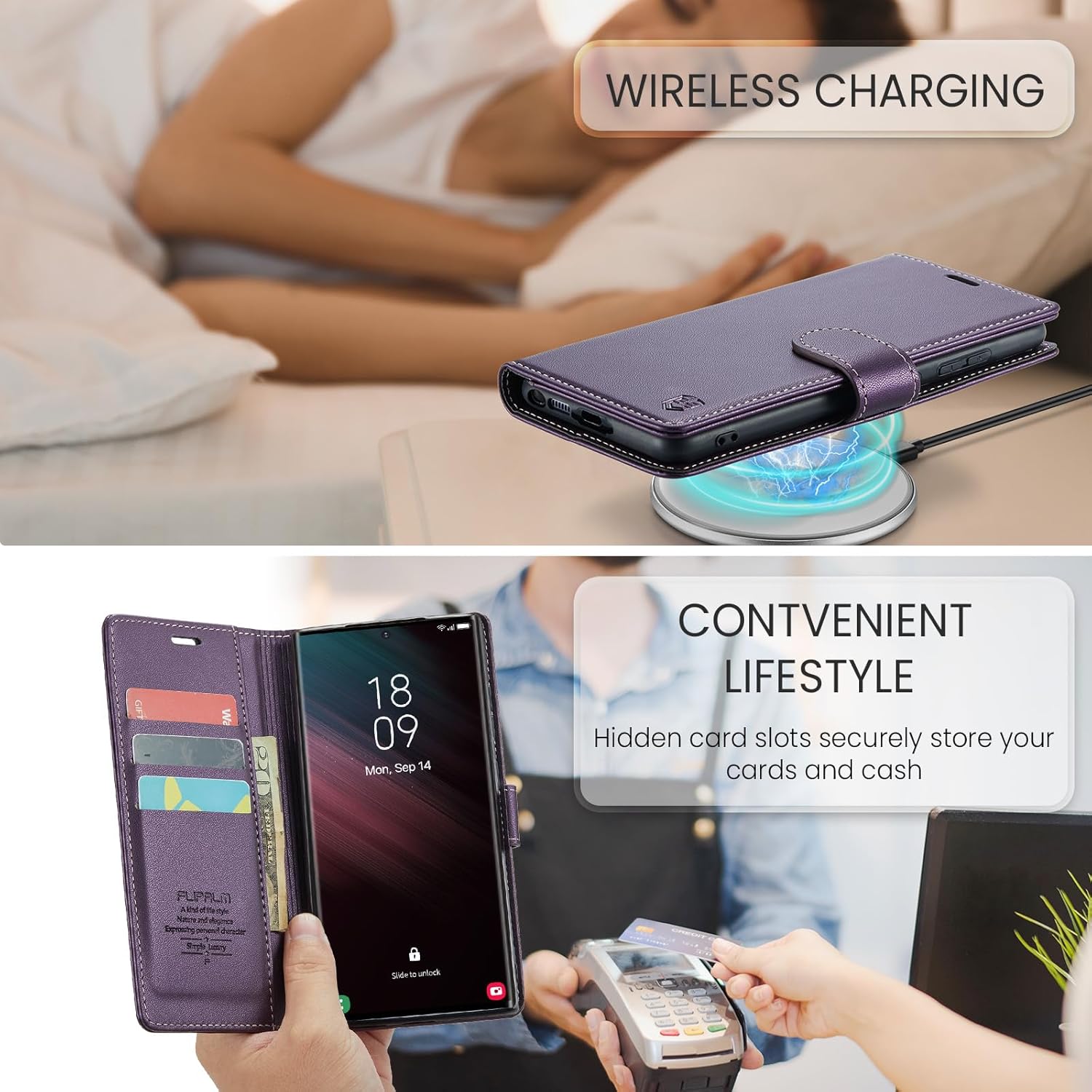 FLIPALM Funda tipo cartera para Samsung Galaxy S23 Ultra con bloqueo RFID, soporte para tarjeta de crédito, de piel sintética, función atril, funda
