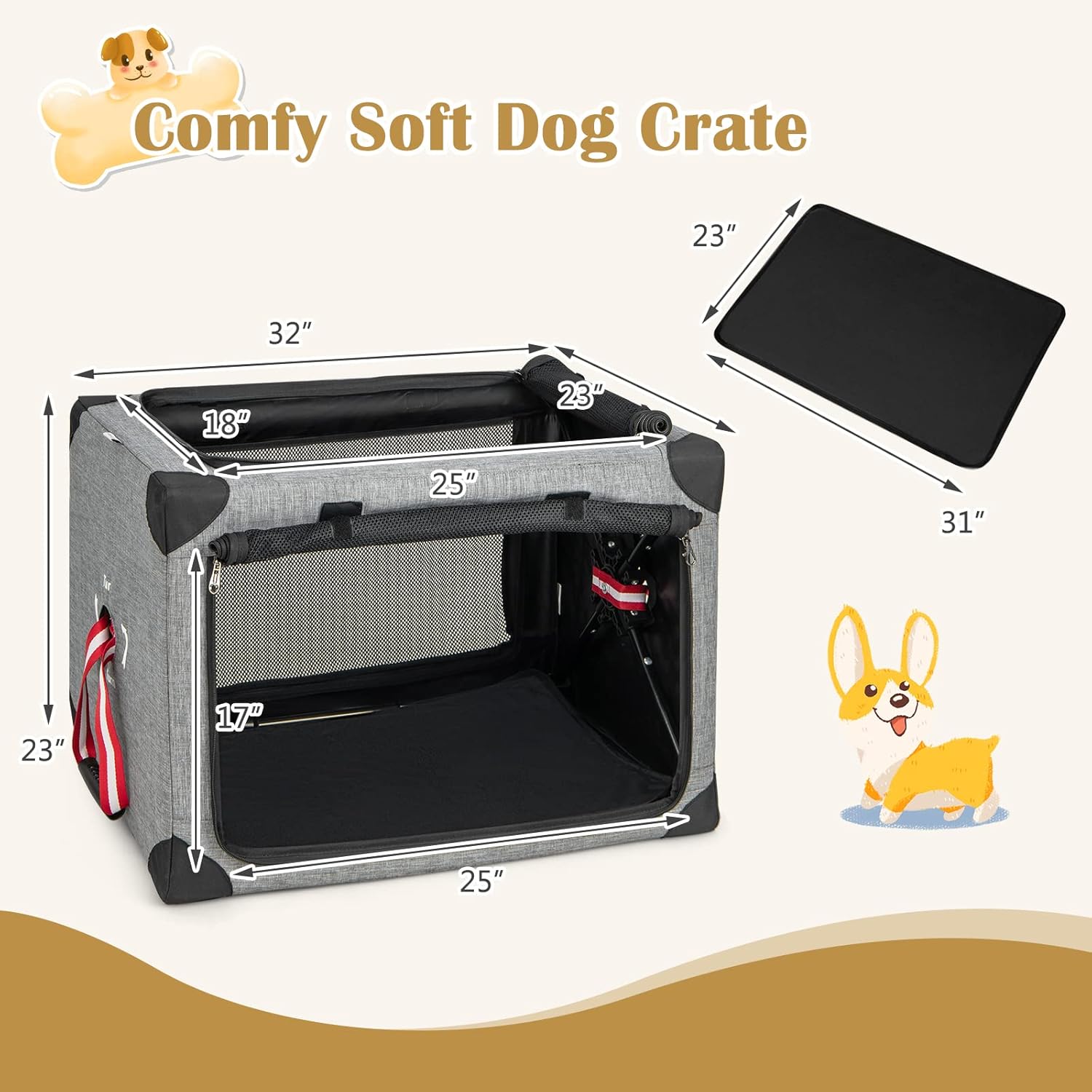 Tangkula Jaula plegable para perros de 3 puertas, suave con almohadilla extraíble y marco de metal, transportador de viaje para mascotas, lavable