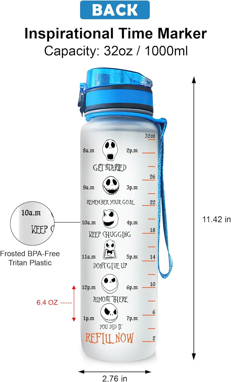 GEPOSTORE Jack Pumking King – Botella de agua deportiva motivacional de 32 onzas con marcador de tiempo, hora de beber, regalos para Halloween