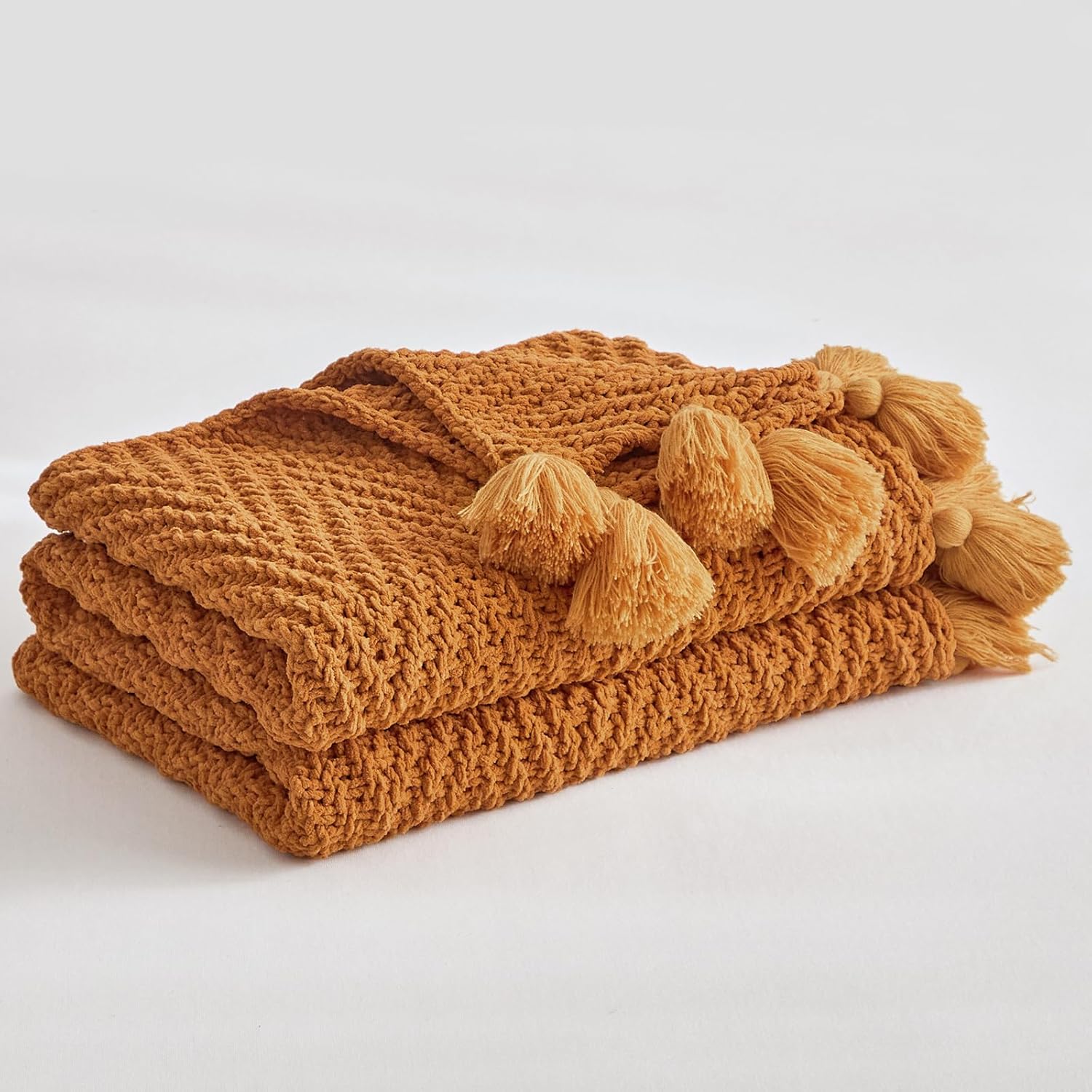 Manta de punto naranja óxido con flecos, manta de punto grueso de felpilla suave y ligera para sofá, cama, exteriores y viajes, 51 x 63 pulgadas,