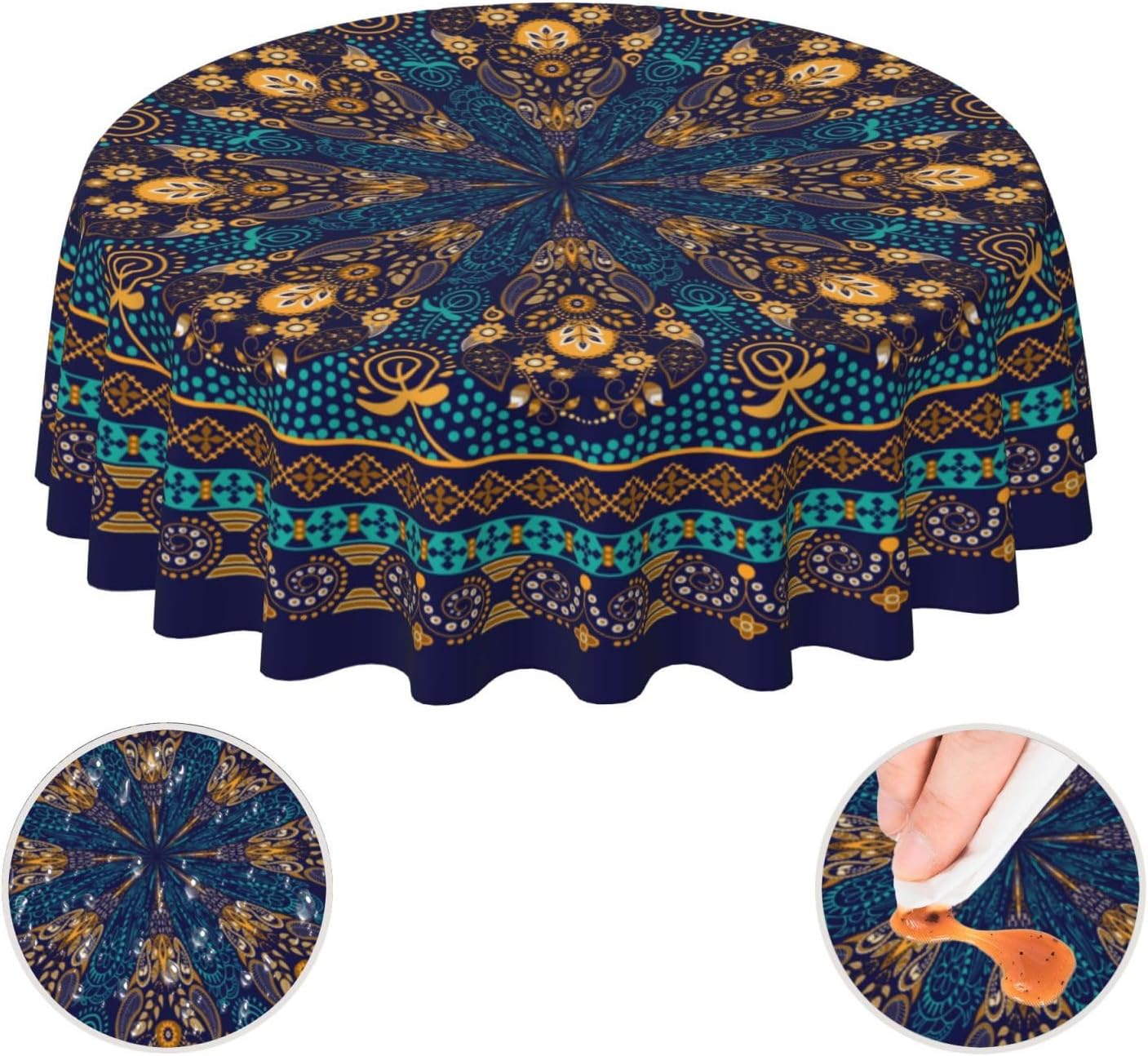 Rciokov Mantel redondo de mandala de cachemira de 60 pulgadas, resistente al agua, resistente a las manchas, mantel decorativo para pícnic, fiesta,