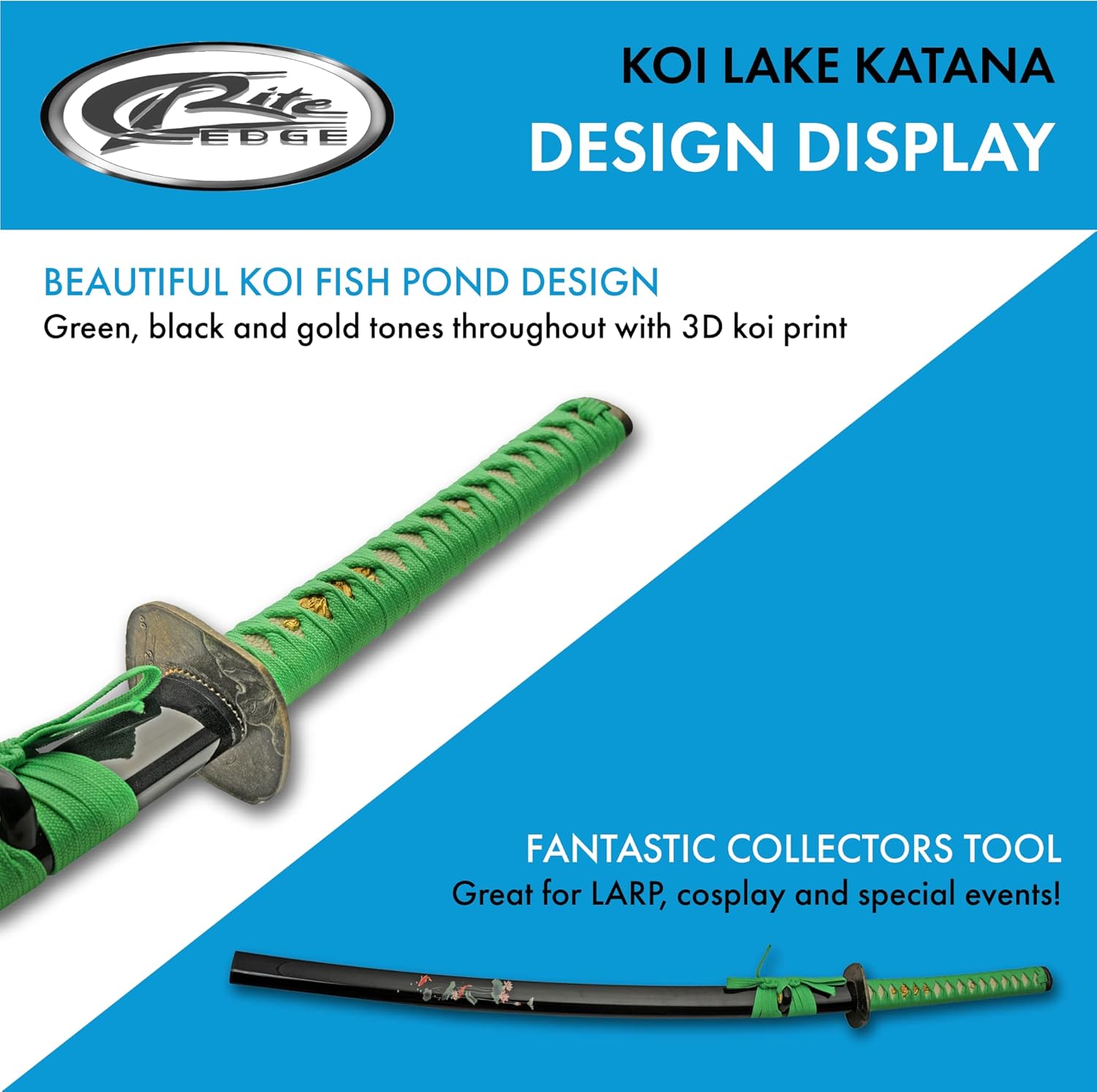 Espada Katana réplica de acero al carbono de estanque Koi verde de 39 pulgadas con vaina impresa ABS