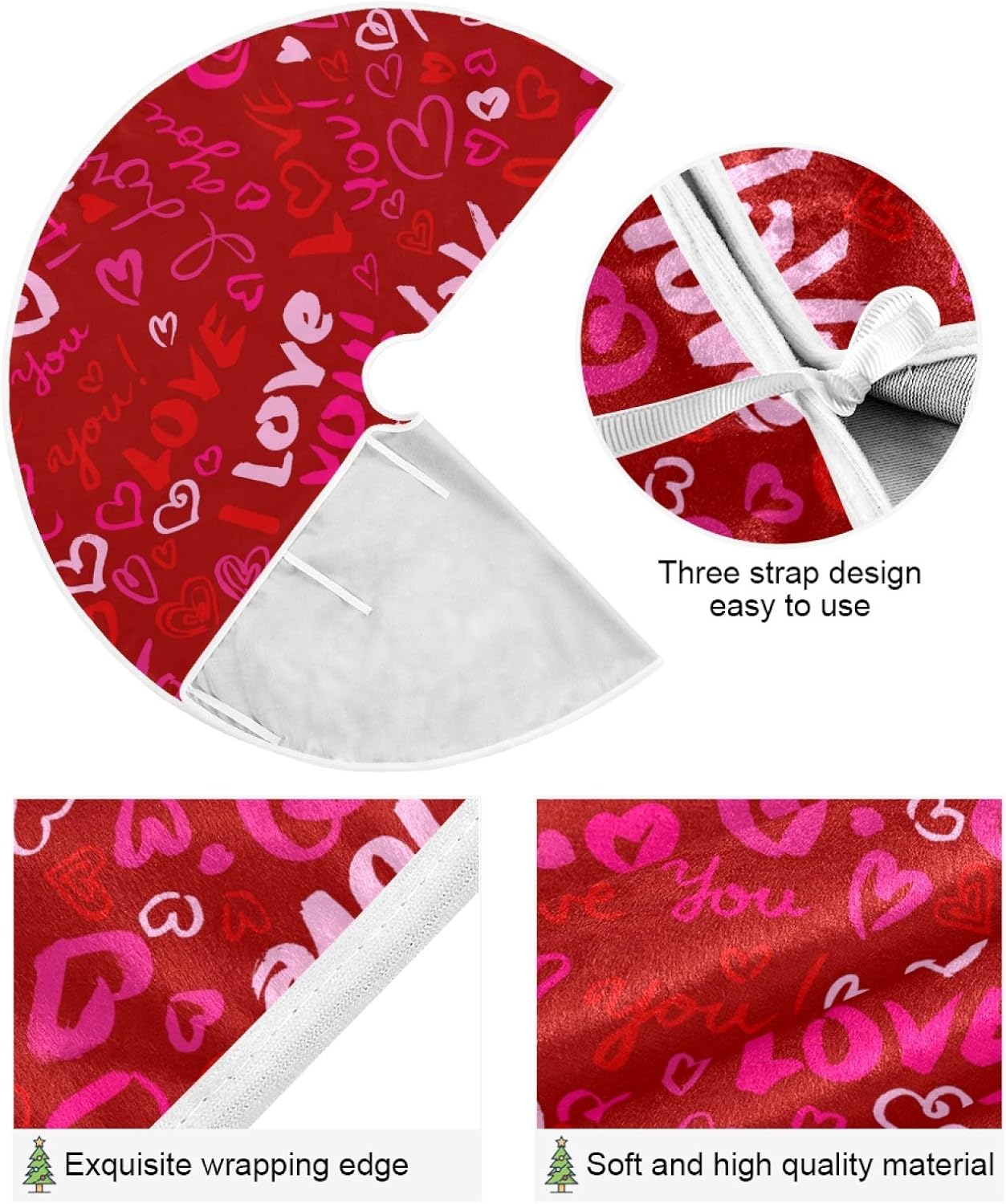 Qilmy Falda de árbol de Navidad con corazón de amor para el día de San Valentín, falda de árbol fina de doble capa para artesanía de Navidad para
