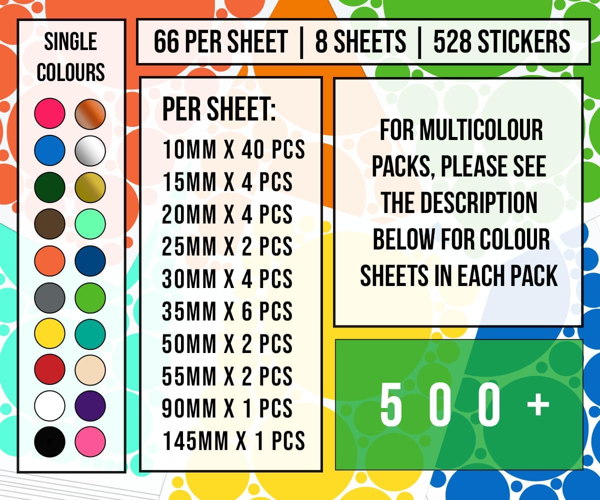 StickerDeen Más de 500 calcomanías de pared de círculos de lunares surtidos para dormitorio de niños, sala de estar, aula, sala de juegos,