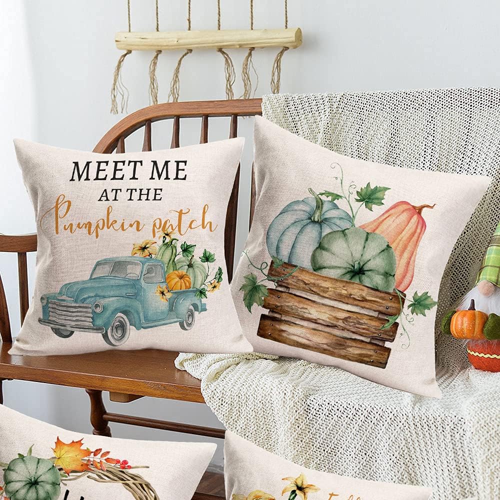 Juego de 4 fundas de almohada de calabaza para decoración de otoño para el hogar, 22 x 22 pulgadas, juego de 4 flores de hoja de arce con camión