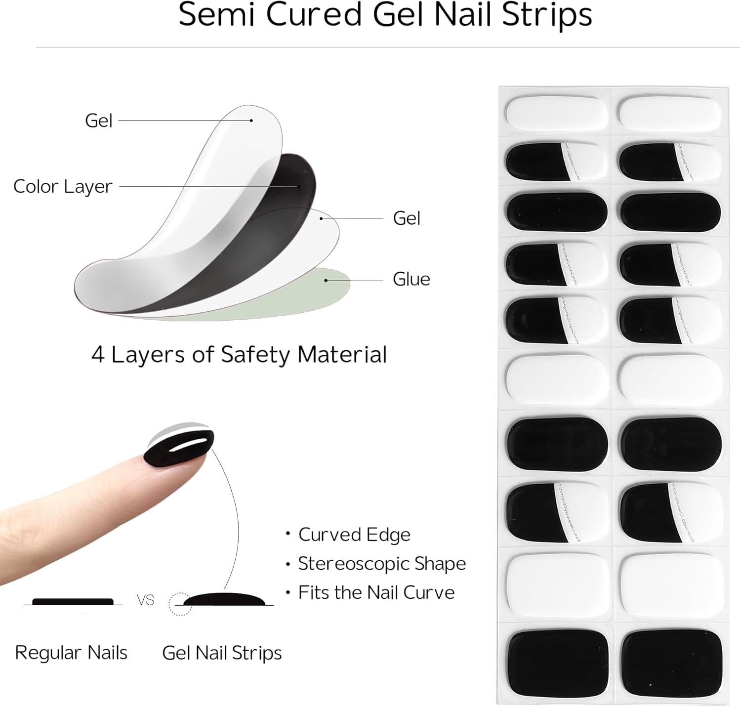 Tiras de uñas de gel semicuradas, resistentes al astillado, calcomanías de uñas de gel fáciles de usar, 20 envolturas de uñas de larga duración,