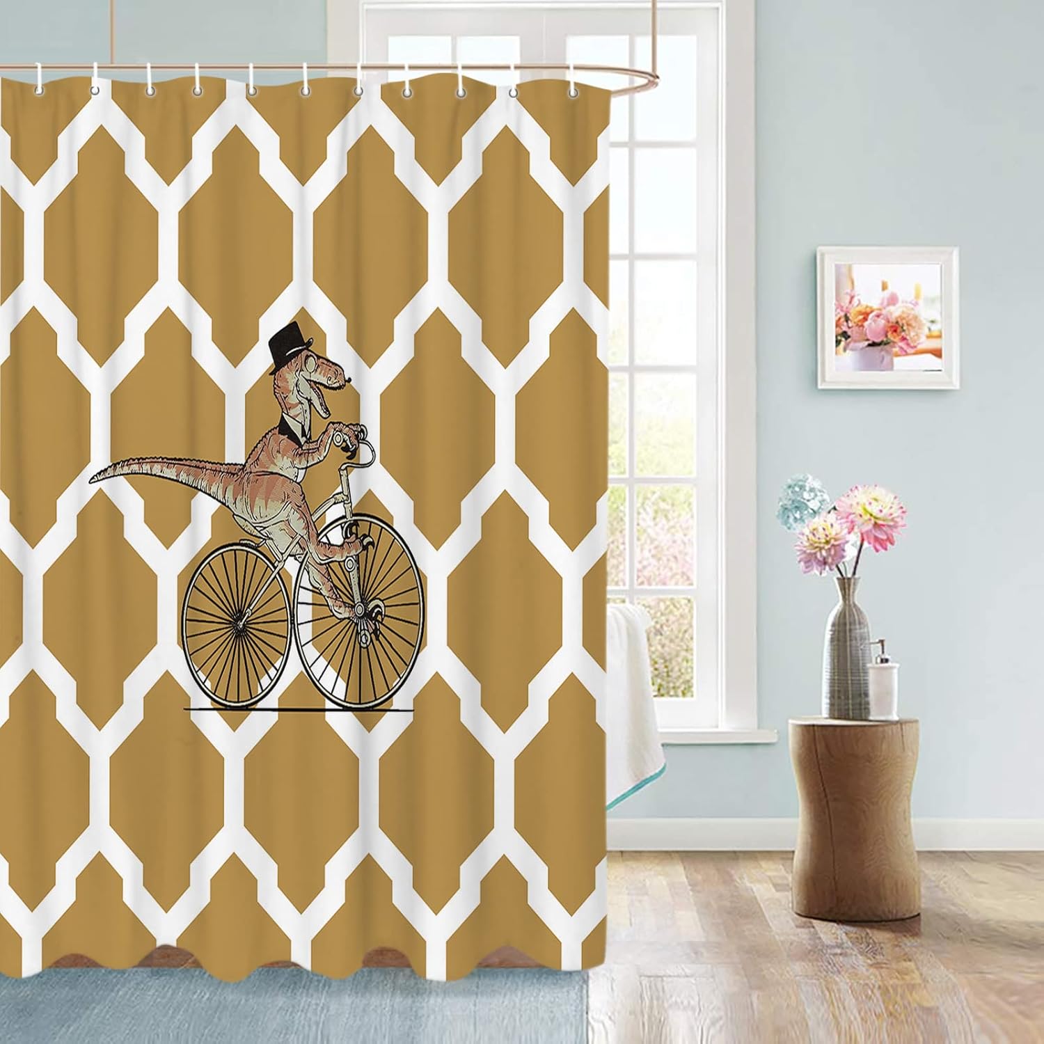 Vandarllin Divertida cortina de ducha con diseño geométrico de dinosaurio para bicicleta, juego de cortinas de ducha para niños con ganchos,