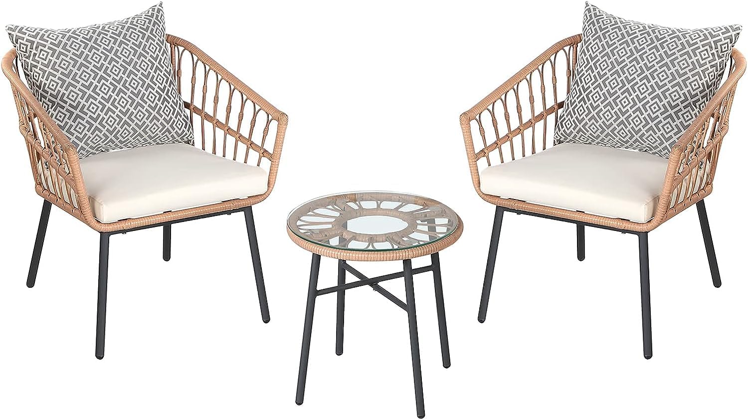 Yangming Juego de muebles de patio de 3 piezas para conversación al aire libre con mesa de centro templada y sillas de mimbre para jardín, balcón,
