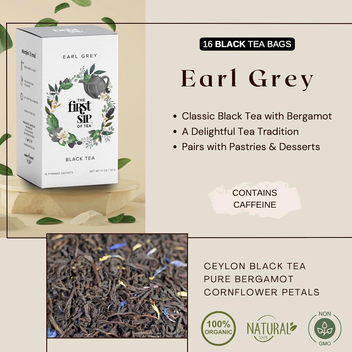 Earl Grey té negro, 16 unidades, bolsas de té, 1oz, The Spice Hut (SHBX111)