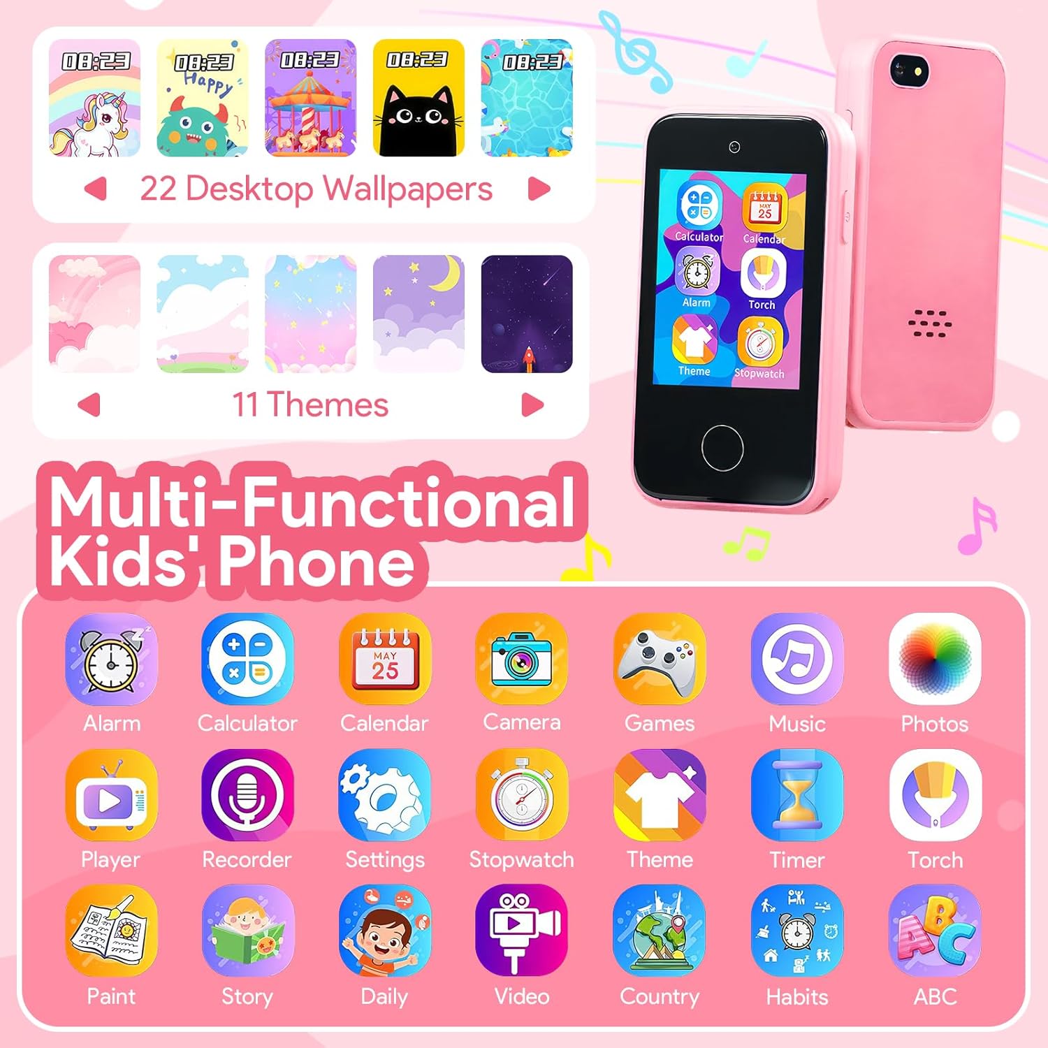 Yuuchoringee Teléfono inteligente para niños para niñas, regalos de aprendizaje para niñas, juguetes con cámara, teléfono para juegos para edades de