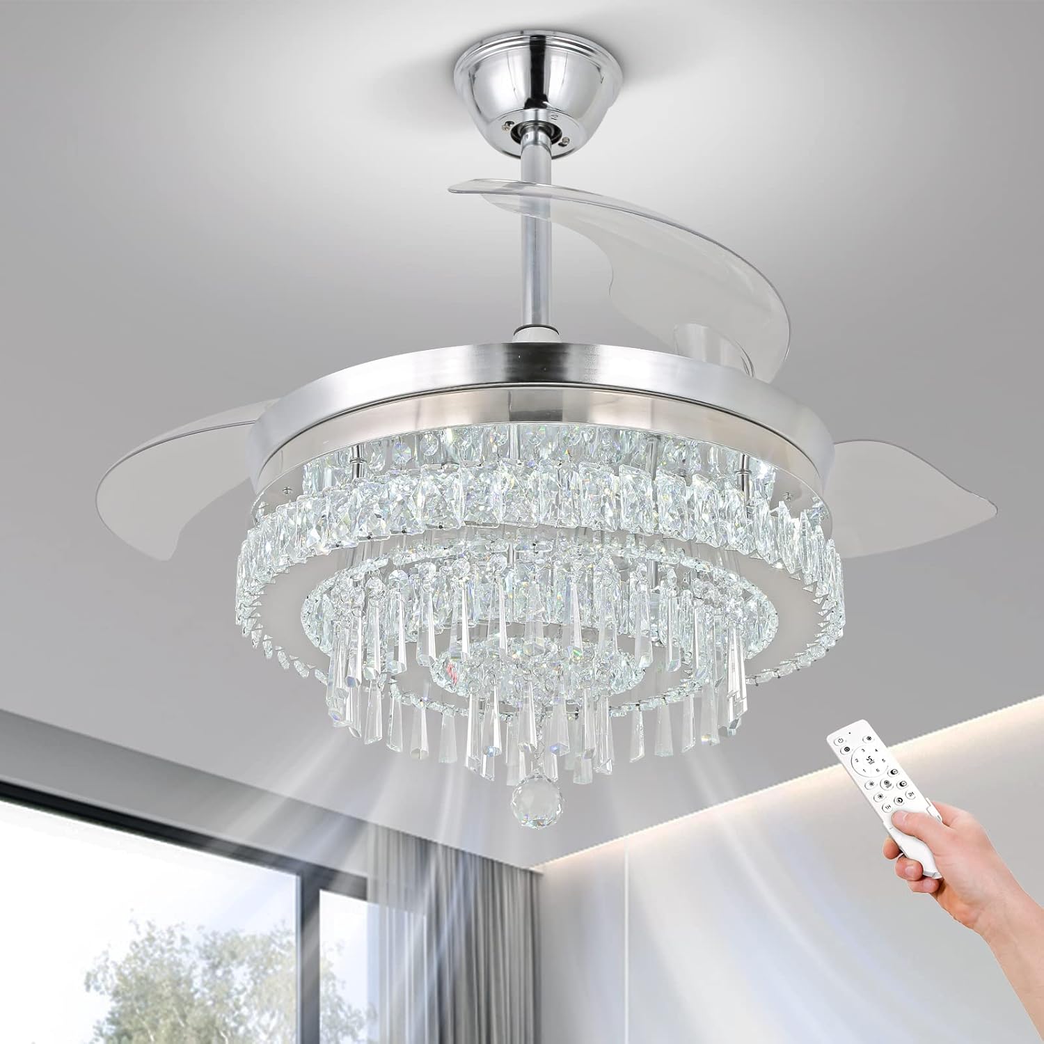 Ventilador de araña regulable de 42 pulgadas, ventilador de techo de cristal con luz y candelabro remoto, sin aspas, moderno ventilador de techo