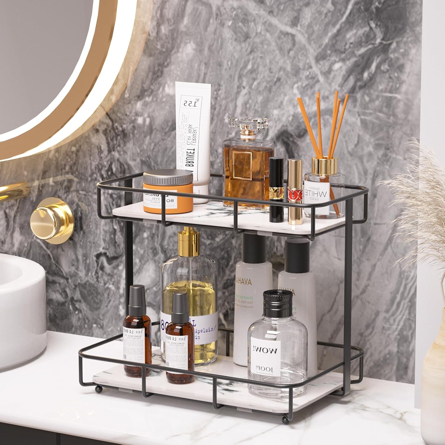 Organizador de baño, organizador de maquillaje, organizador de perfumes, bandeja de cerámica de mármol, organizador de cosméticos y cuidado de la