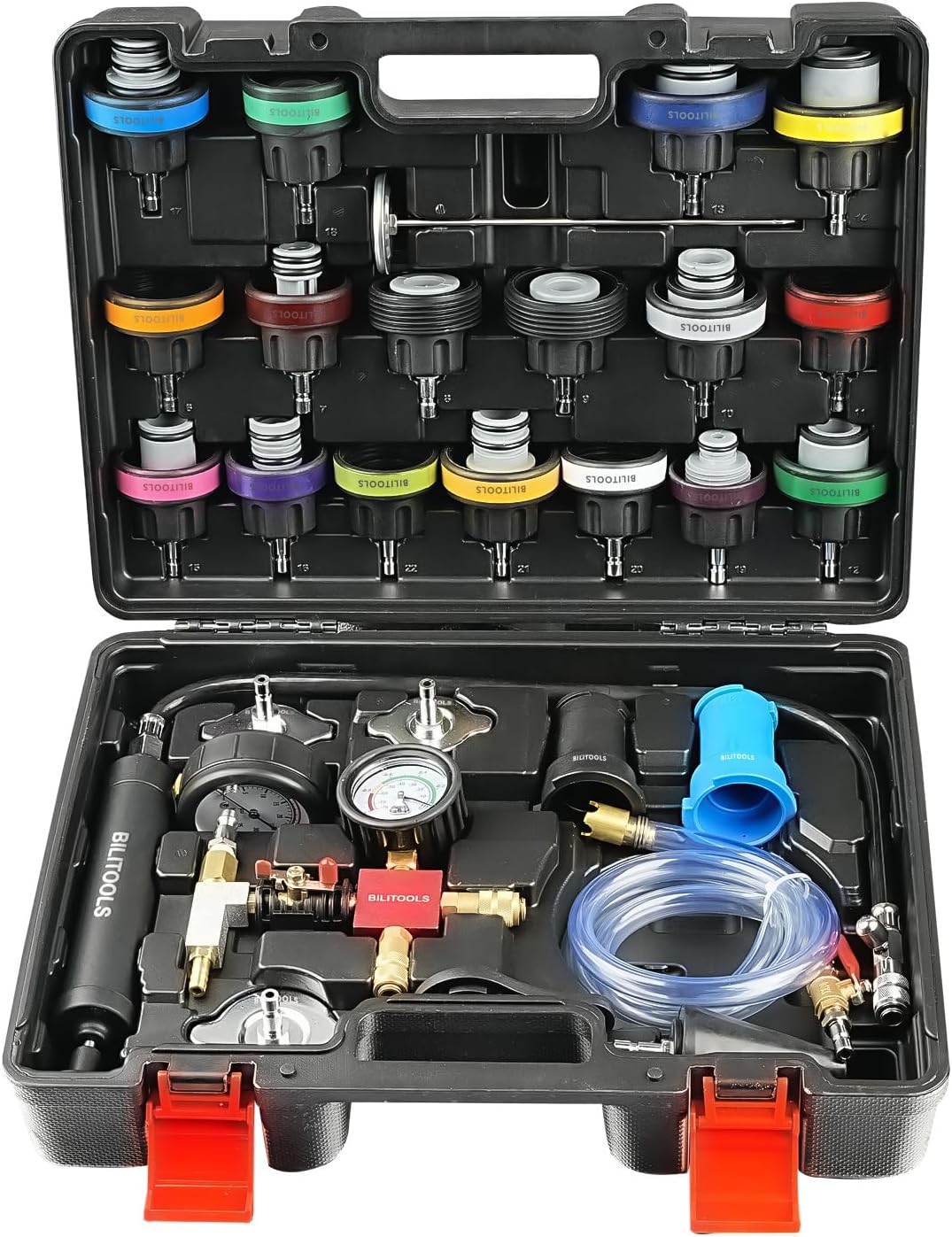 BILITOOLS Probador de presión de refrigerante del radiador y kit de recarga al vacío, sistema de enfriamiento universal de 28 piezas probador de