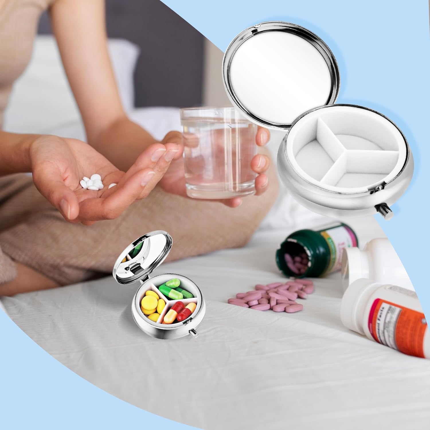 Sibba Pastillero portátil de 3 compartimentos para medicina, pastillero multifuncional a prueba de humedad para bolso y bolsillo, bonita caja