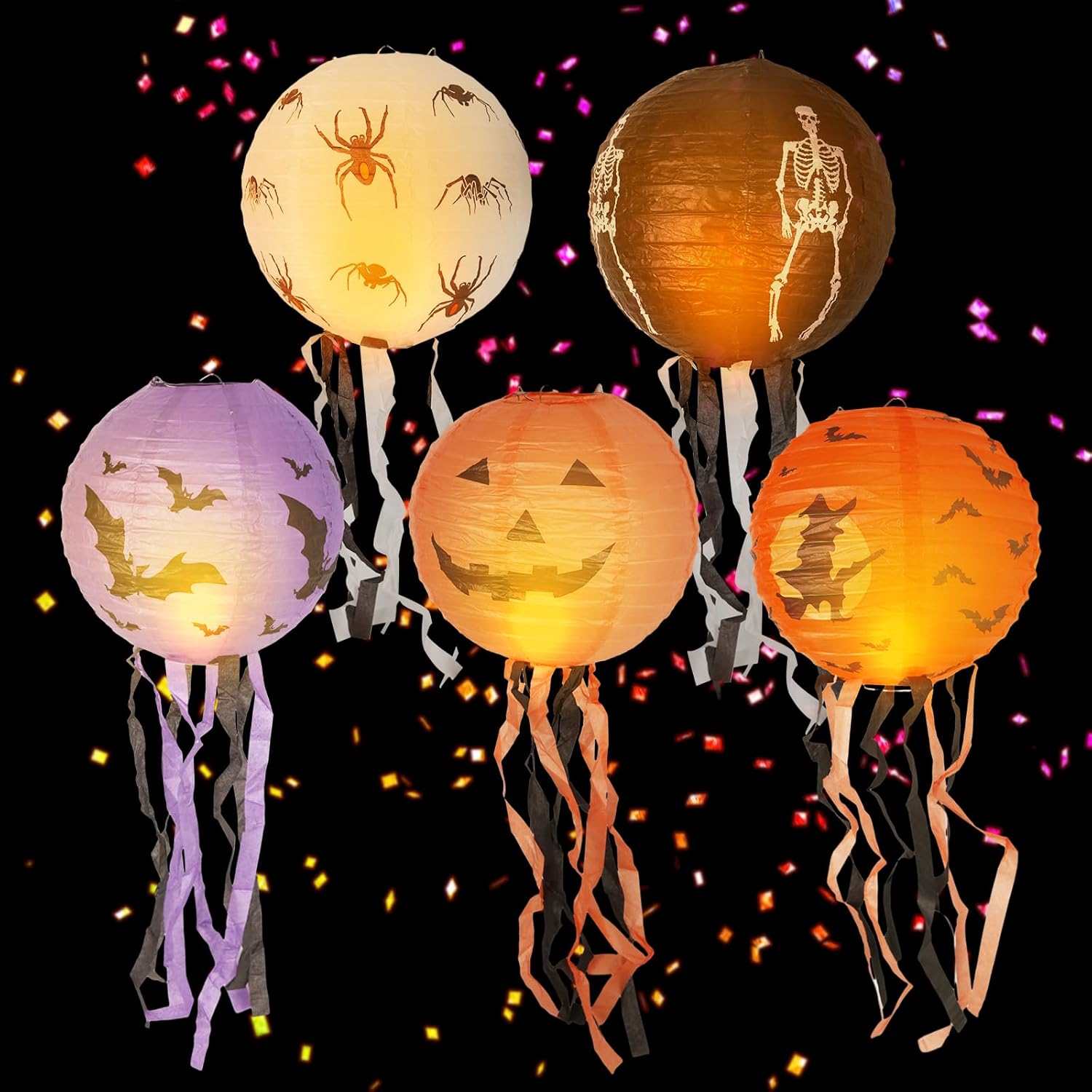 5 linternas de papel de Halloween, linternas colgantes plegables de Halloween con borlas, linternas de papel espeluznantes para decoración de fiesta