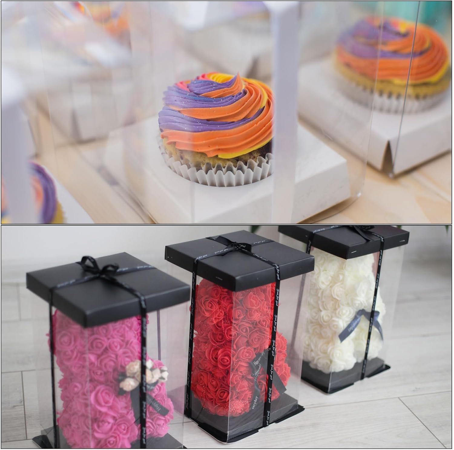 uxcell Caja transparente para tartas, 4 piezas de 10 x 10 x 10 pulgadas, cajas altas para pasteles con cinta para embalaje de pasteles de 8