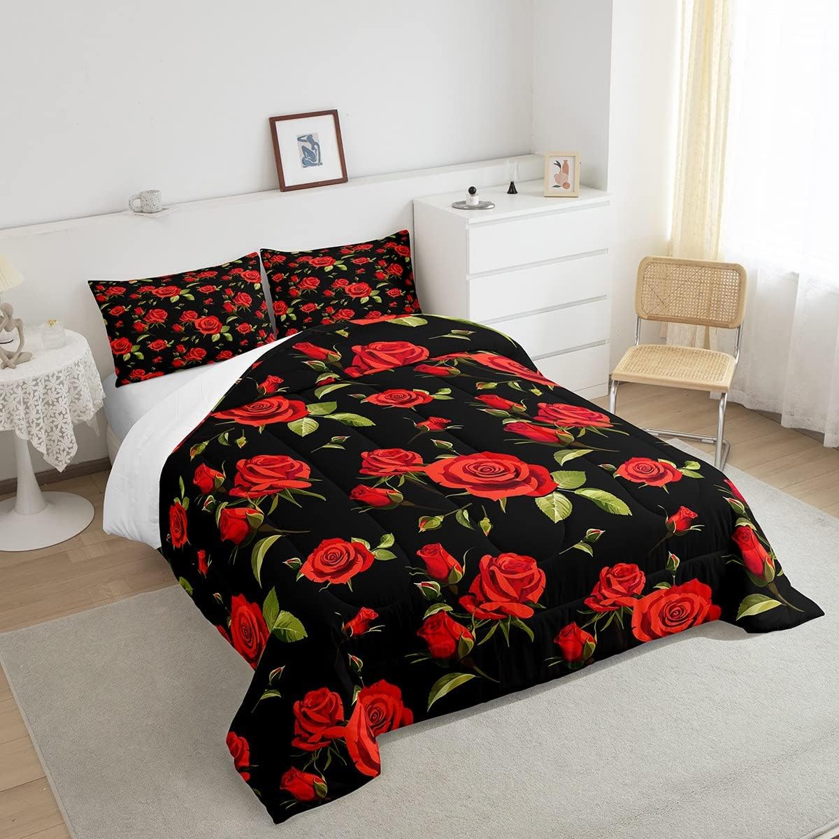Erosebridal Juego de ropa de cama para mujer, diseño de flores rojas, tamaño individual, edredón acolchado con flores románticas de San Valentín,