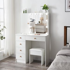 Tocador de maquillaje con luces, mesa de tocador moderna con espejo iluminado y 10 bombillas LED, escritorio de tocador con 5 cajones y gabinete, Tocador de maquillaje con luces, mesa de tocador moderna con espejo iluminado y 10 bombillas LED, escritorio de tocador con 5 cajones y gabinete,