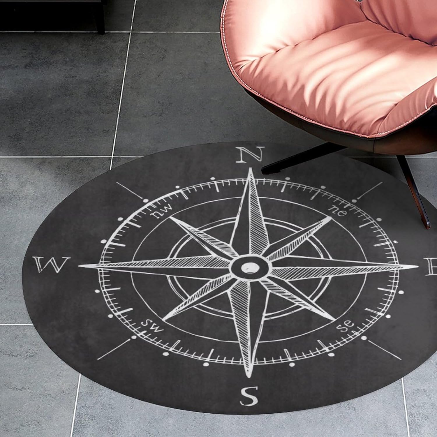 HoaMoya Alfombra redonda de brújula de viento negro con brújula redonda de viaje para baño, dormitorio, cocina, alfombra antideslizante de 3 pies