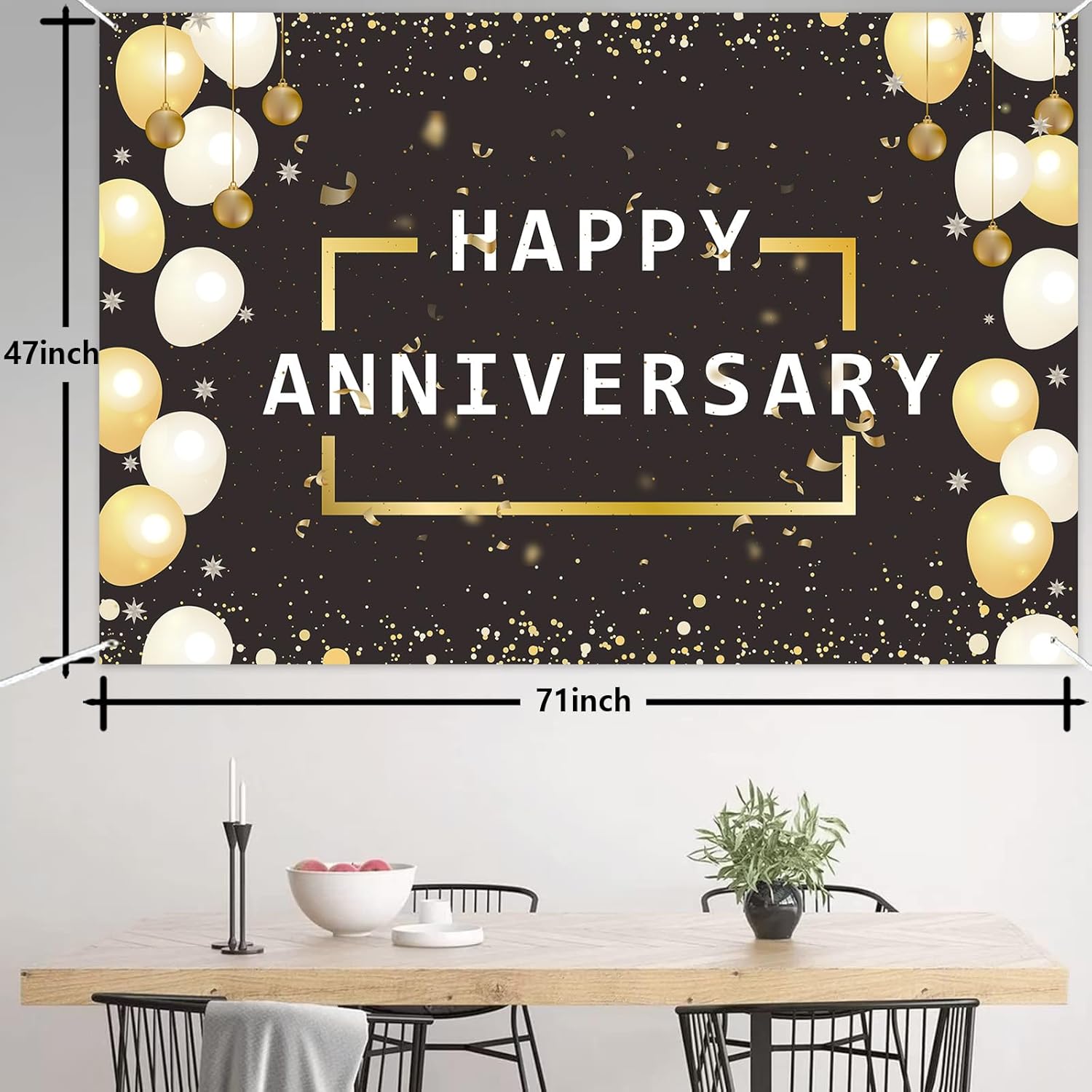 Cartel de feliz aniversario, letrero negro y dorado para hombres y mujeres, boda, aniversario, fiesta de cumpleaños, cabina de fotografía, fondo de