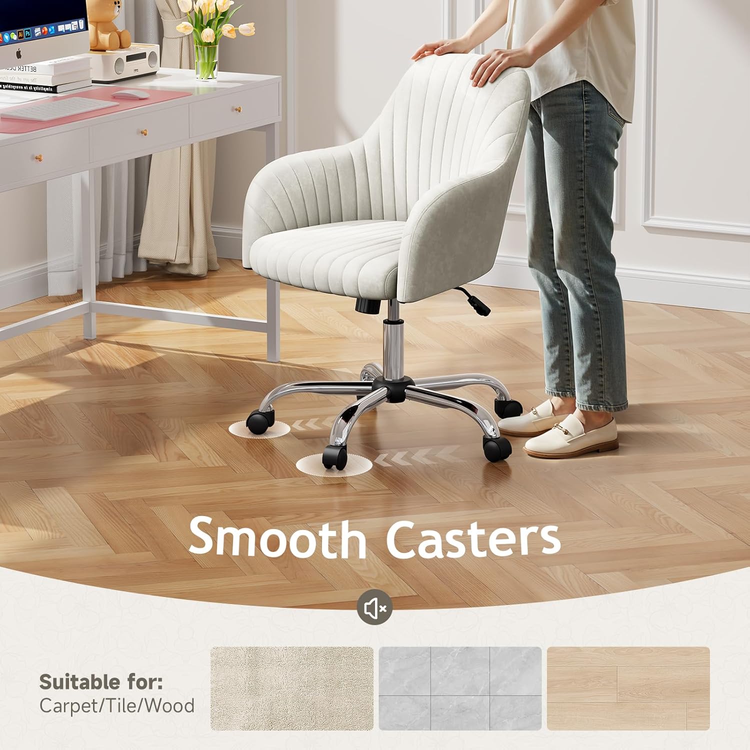 Warmiehomy Silla de escritorio de terciopelo moderna para oficina en casa, cómodas sillas de tocador, silla giratoria ajustable para computadora,