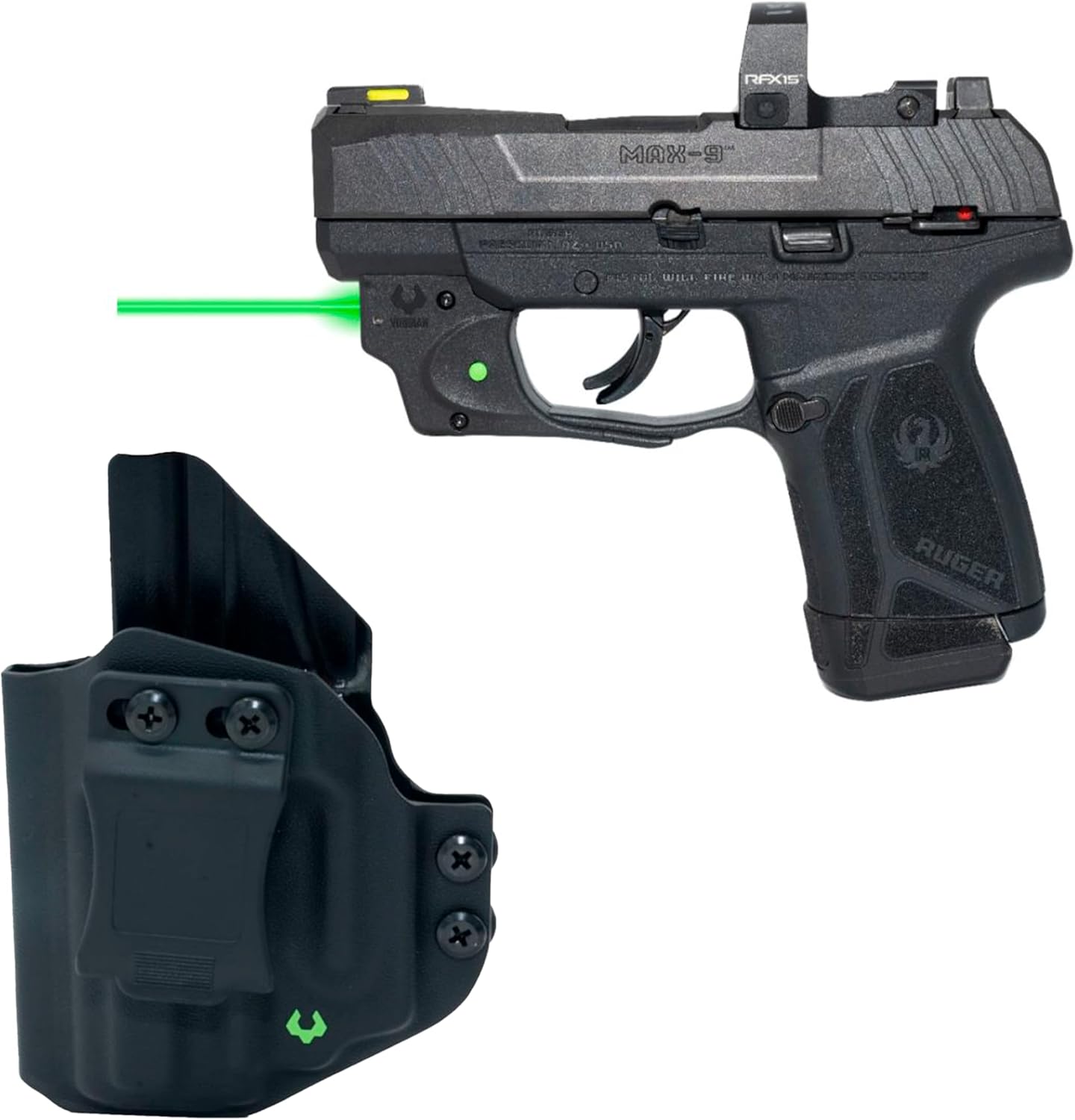 Bundle Viridian E Series Laser Sight y Kydex Holster para Ruger MAX-9, mira láser verde clase 3R, salida de 5 mW, funda Viridian Kydex, dentro de la