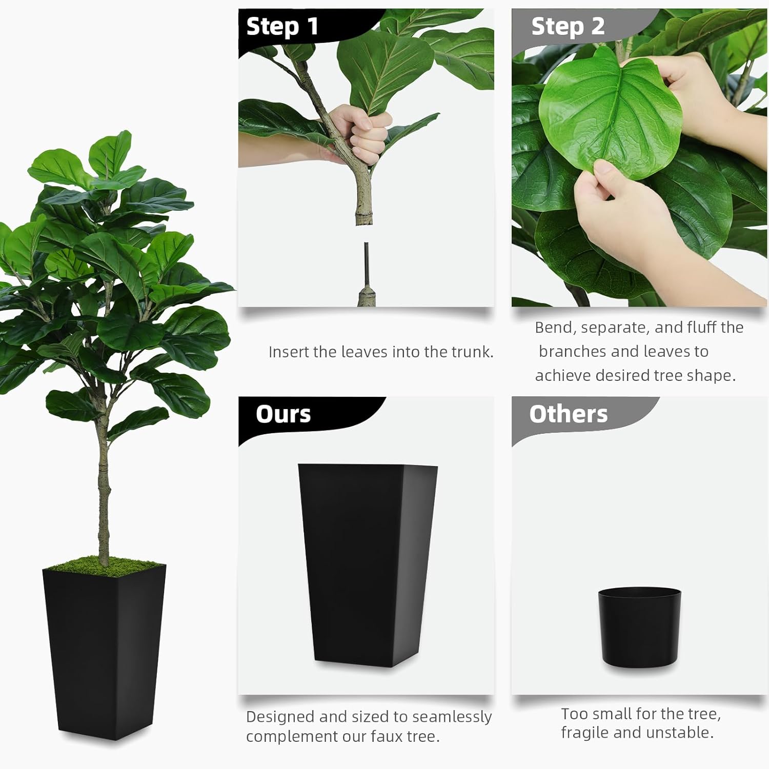 Árbol de higuera artificial de hoja de violín de 5 pies, árbol de higuera de hoja de violín sintético con maceta alta gris, planta falsa de ficus