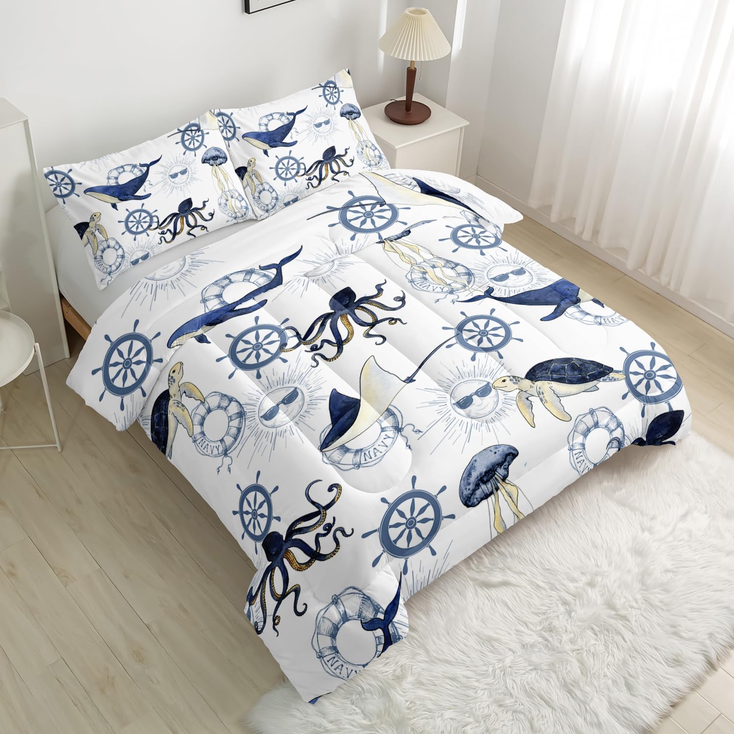 CVHOUSE Juego de edredón costero tamaño Queen, juego de ropa de cama con temática náutica azul para niños, juego de edredón de ancla oceánica, juego