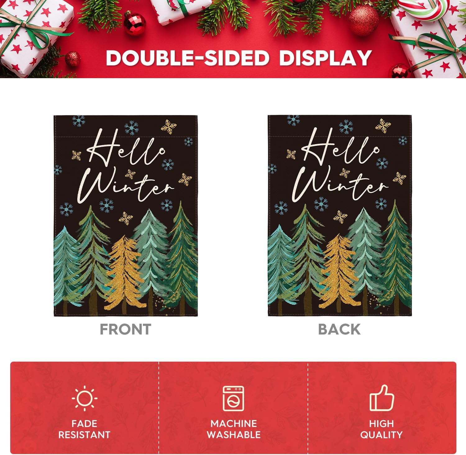 AVOIN colorlife Bandera de jardín con diseño de copo de nieve con diseño de árbol de Navidad de 12 x 18 pulgadas, de doble cara, bandera decorativa