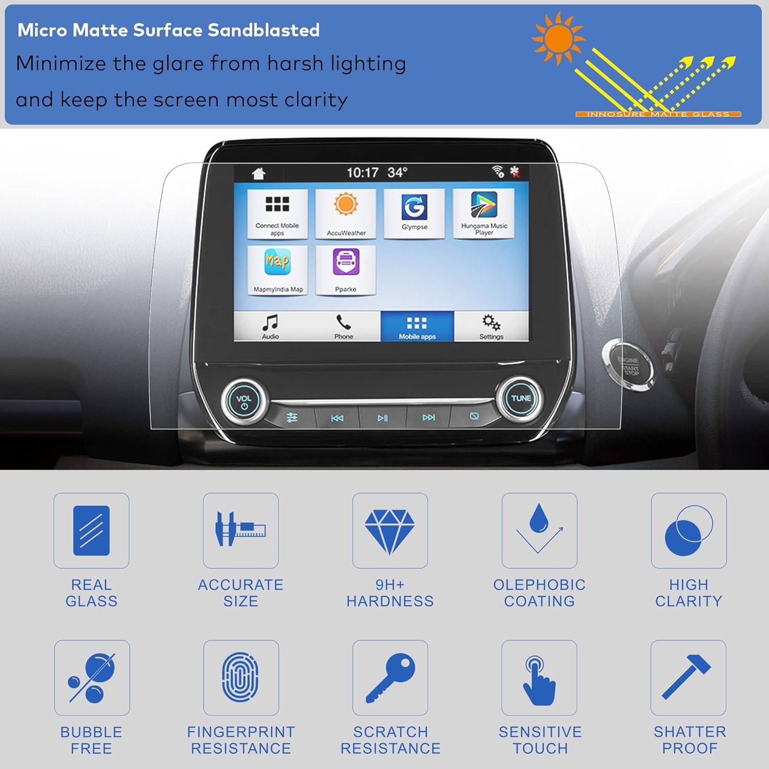 INNOSURE AG – Protector de pantalla de vidrio templado diseñado para Ford Escape (2020-2023), Transit (2020-2022), Ecosport (2018-2022), SYNC 3