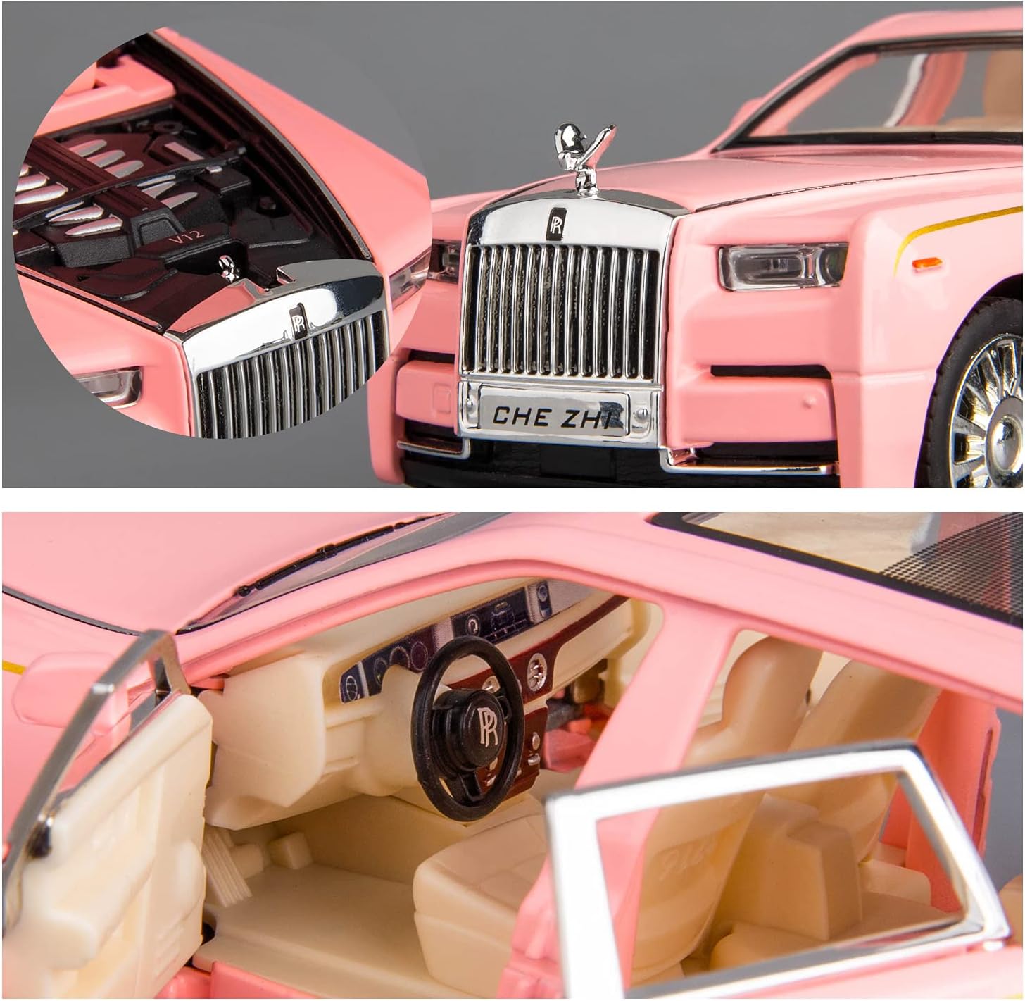 BDTCTK 132 Rolls-Royce Phantom Model Car, auto de juguete de aleación de zinc con sonido y luz para regalo de niños y niñas (rosa)