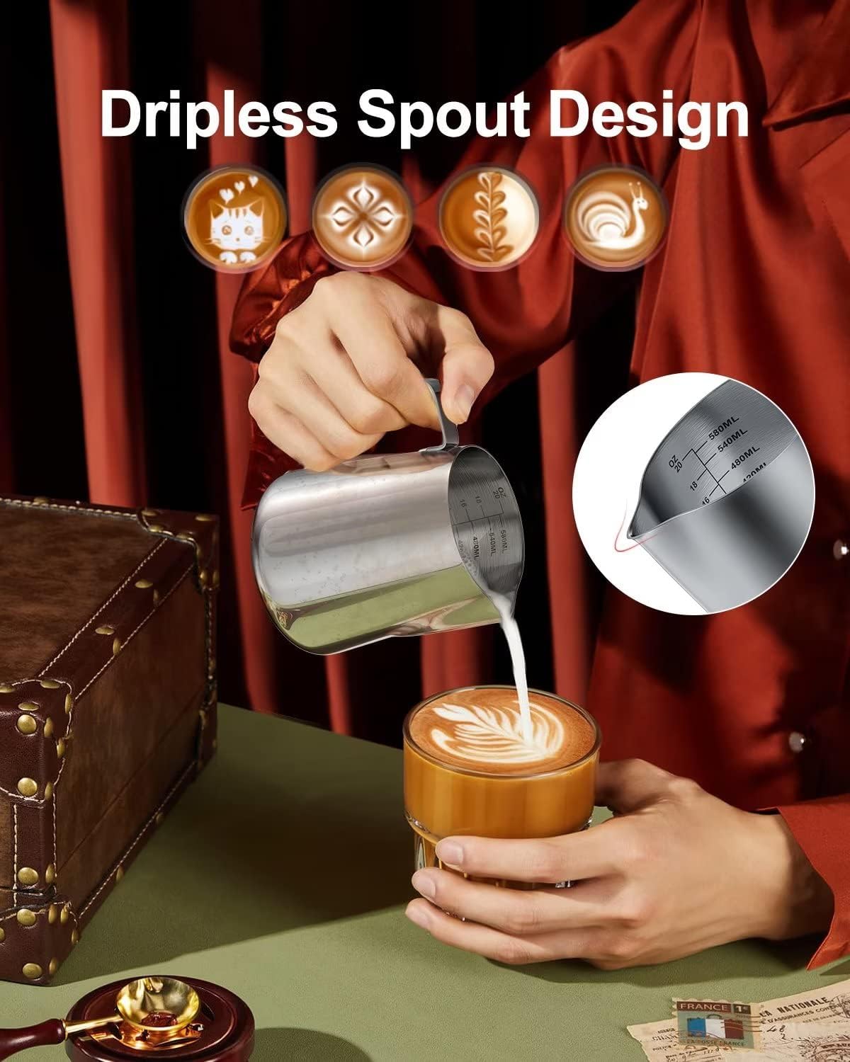 Jarra de espuma de leche de acero inoxidable de 20 onzas, medidas en ambos lados, accesorios para máquina de espresso, taza de arte latte con mango