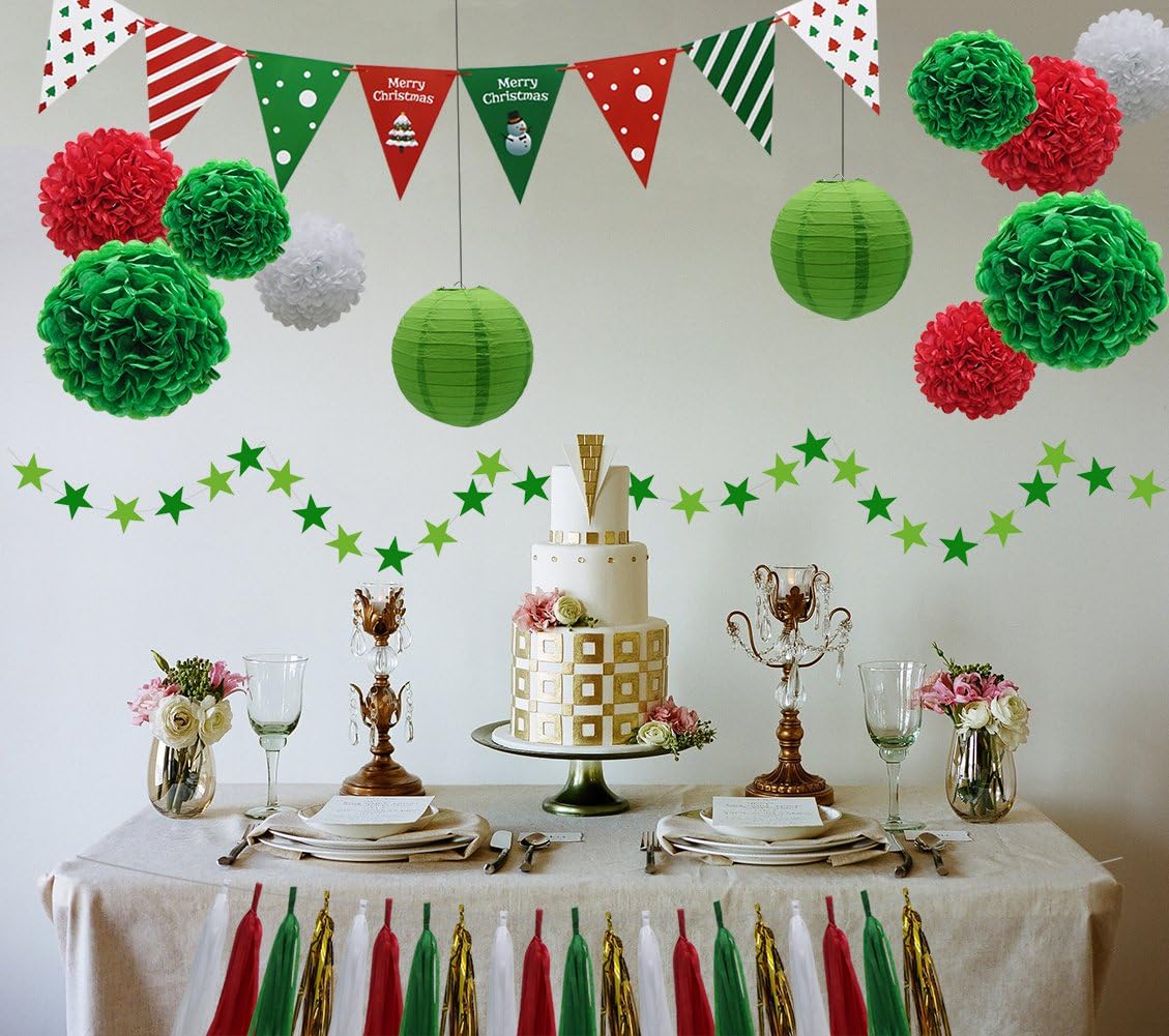 Juego de 33 suministros de decoración de fiesta de Navidad, faroles de papel, borlas, guirnalda colgante, banderines de tejido, pompones, flores,