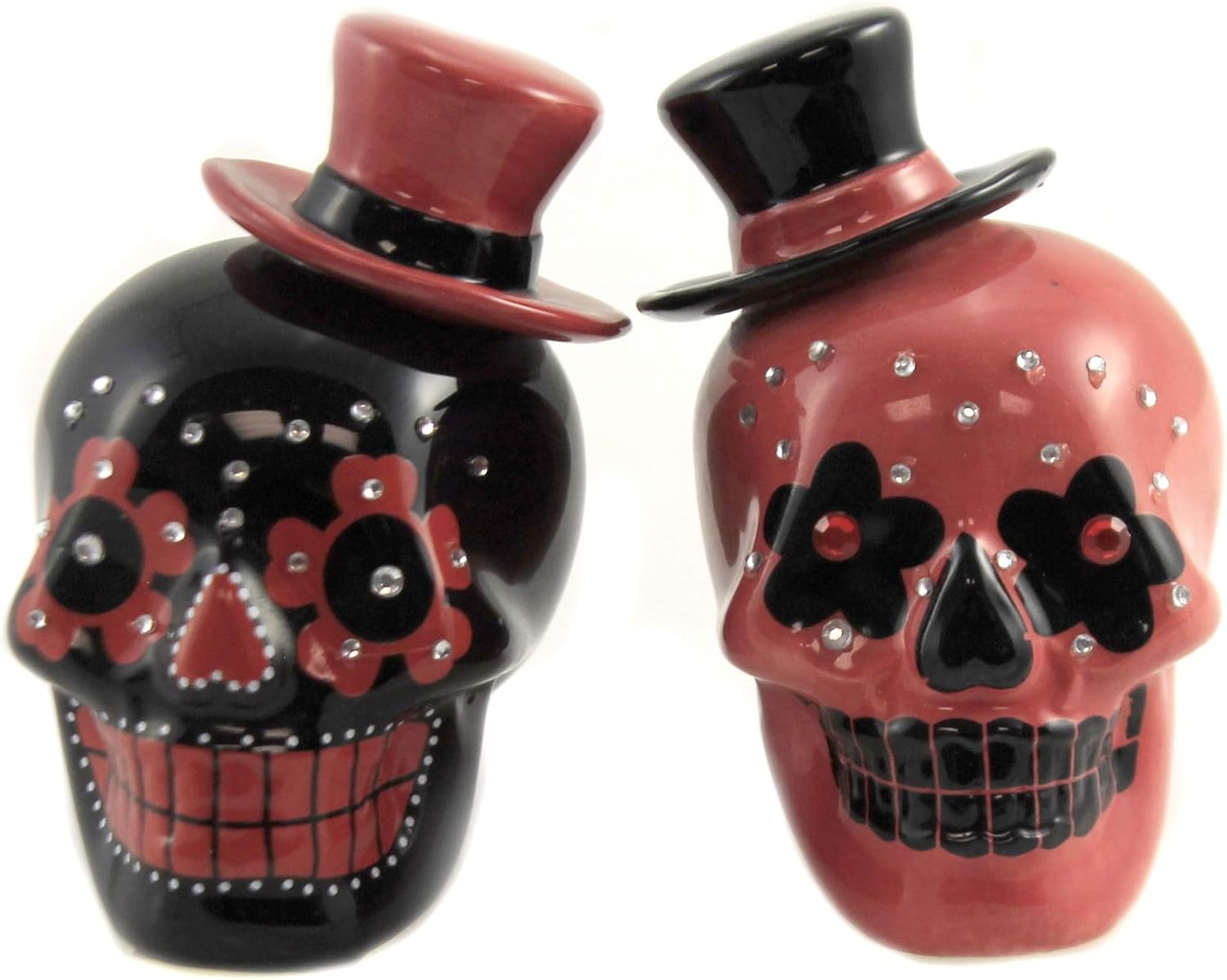 Pacific Giftware Day of Dead Sugar Black & Red Skulls – Juego de salero y pimentero con diamantes de imitación
