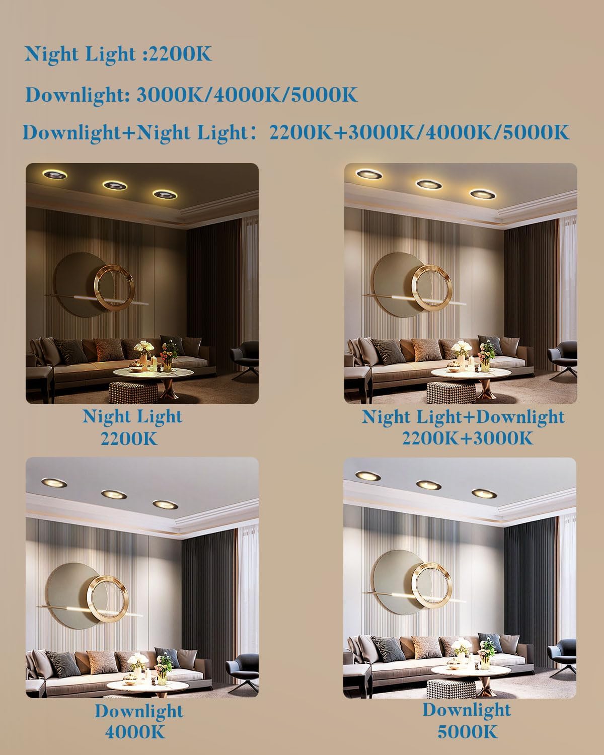 Downlight LED de 6 pulgadas con luz nocturna de 140 lmw (alta eficacia) CRI90 regulable LED empotrable, 3000 K4000 K5000 K seleccionables, luces LED