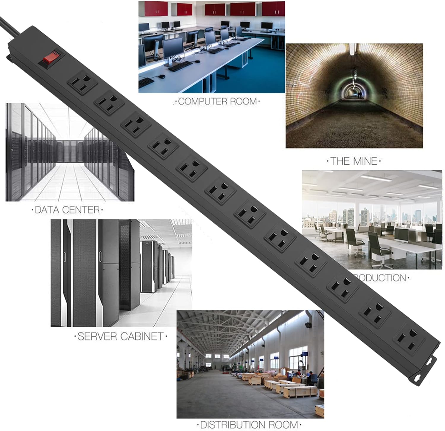 Regleta de alimentación de metal para montaje en pared, toma de corriente montable con 12 salidas de CA, enchufe de alimentación de aleación de