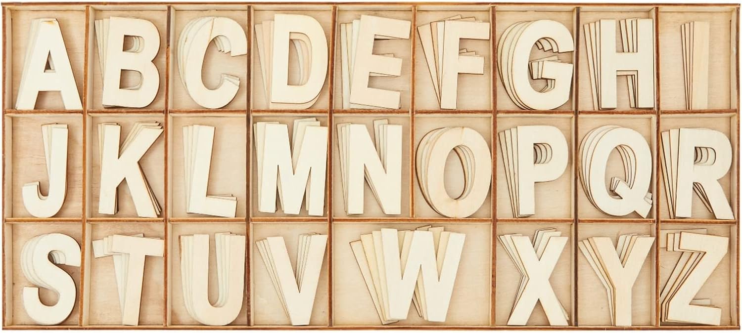 Letras del alfabeto de madera de 2 pulgadas para artes y manualidades, 4 juegos de ABC mayúsculas con bandeja de clasificación, letras de letrero