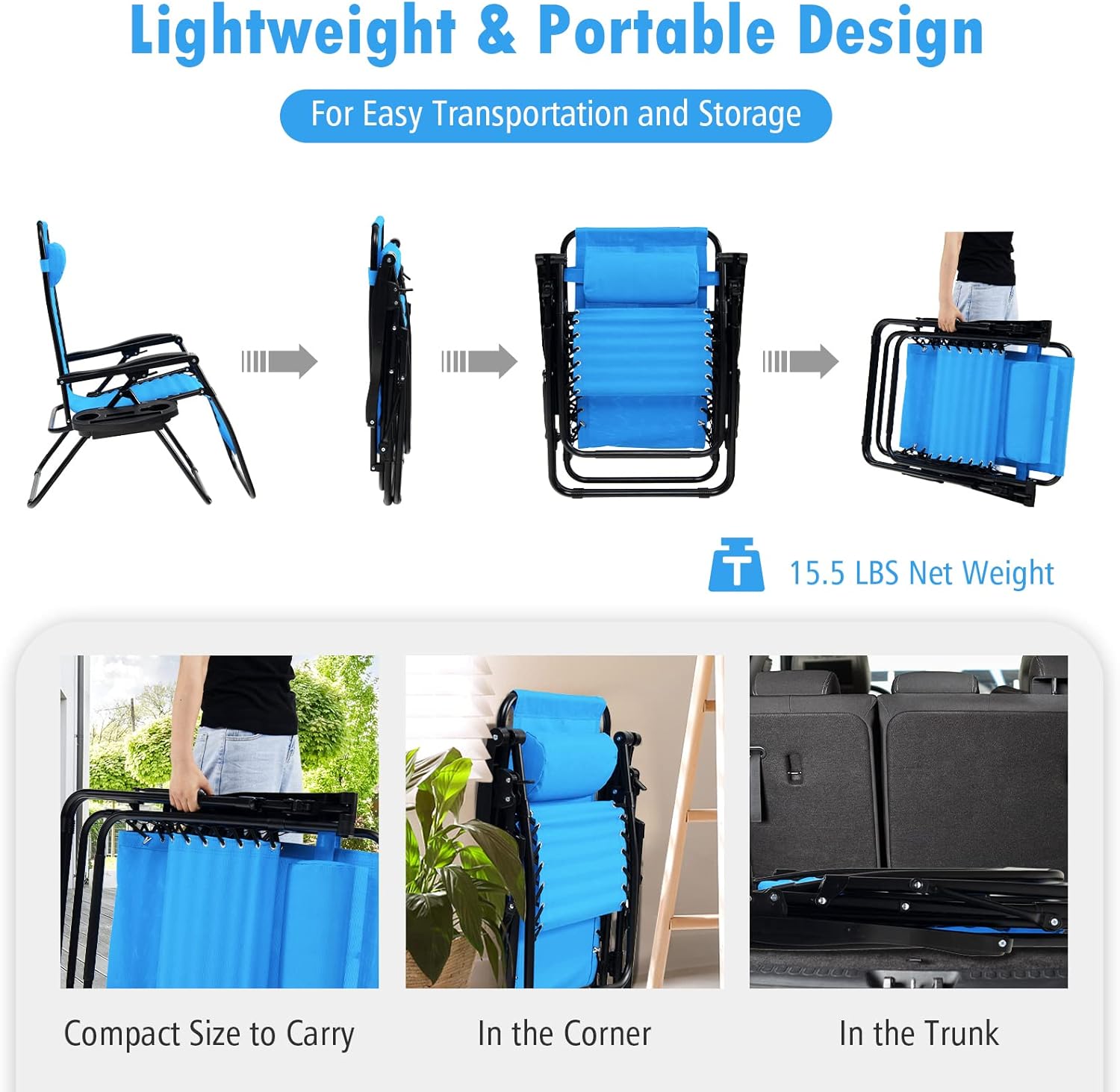Tangkula Juego de 2 sillas de gravedad cero, silla plegable para patio, reclinable, ajustable, con soporte para tazas, reposabrazos anchos para