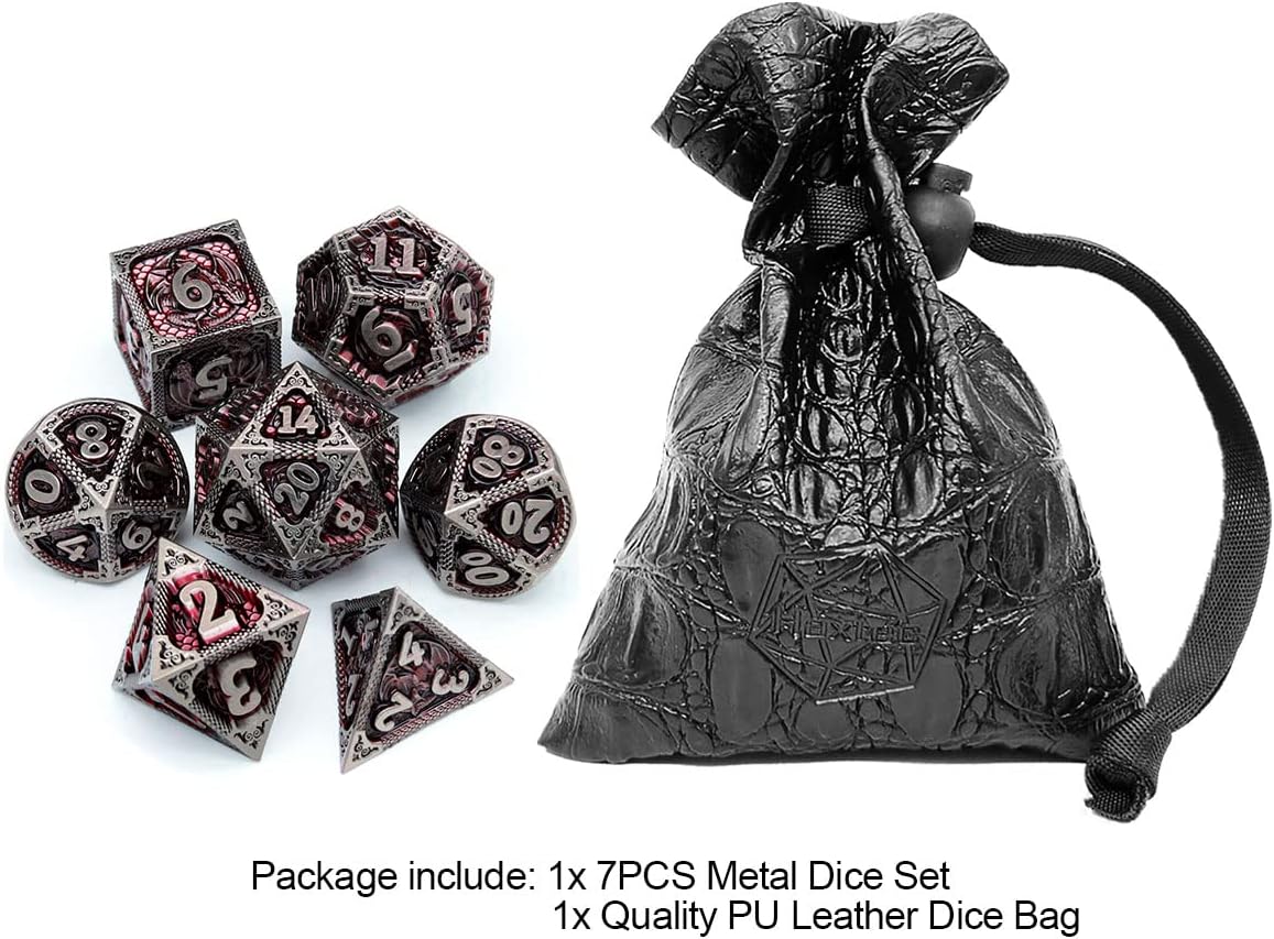 Haxtec DND Juego de dados de metal D&D con bolsa de dados de cuero, dados poliédricos de metal rojo de hierro antiguo para Dungeons and Dragons